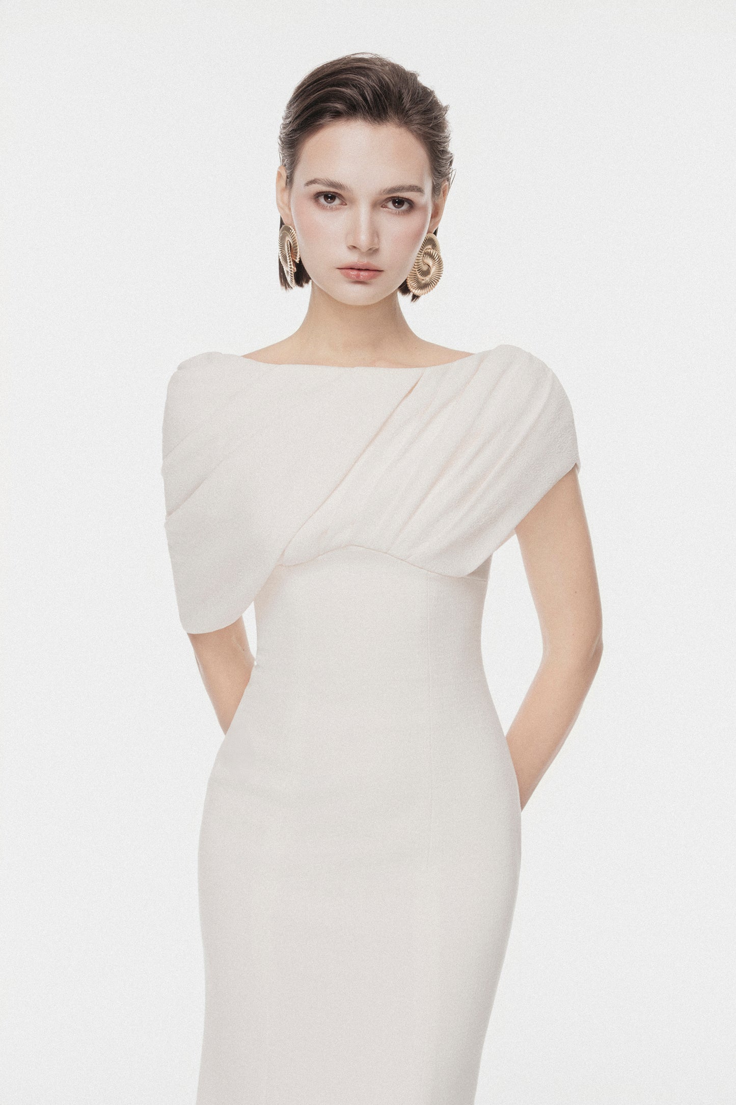 Asymmetric Draped Shoulder Midi Dress