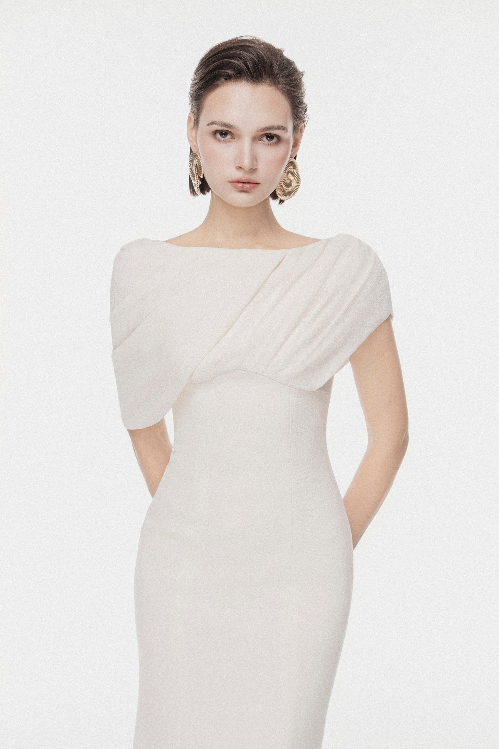 Asymmetric Draped Shoulder Midi Dress