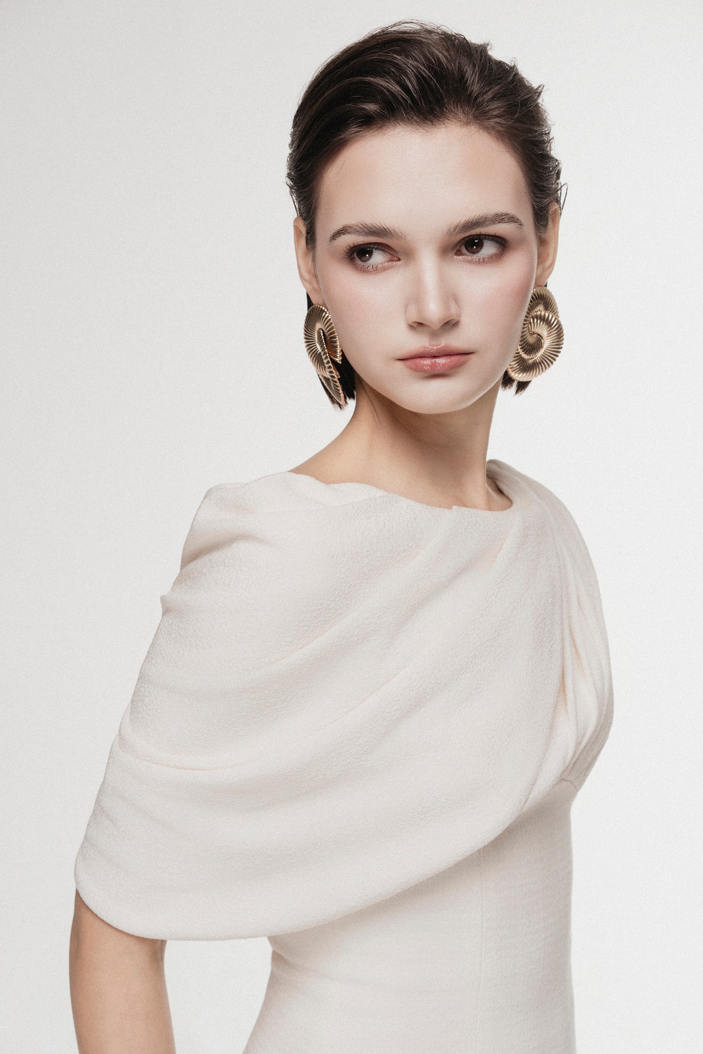 Asymmetric Draped Shoulder Midi Dress