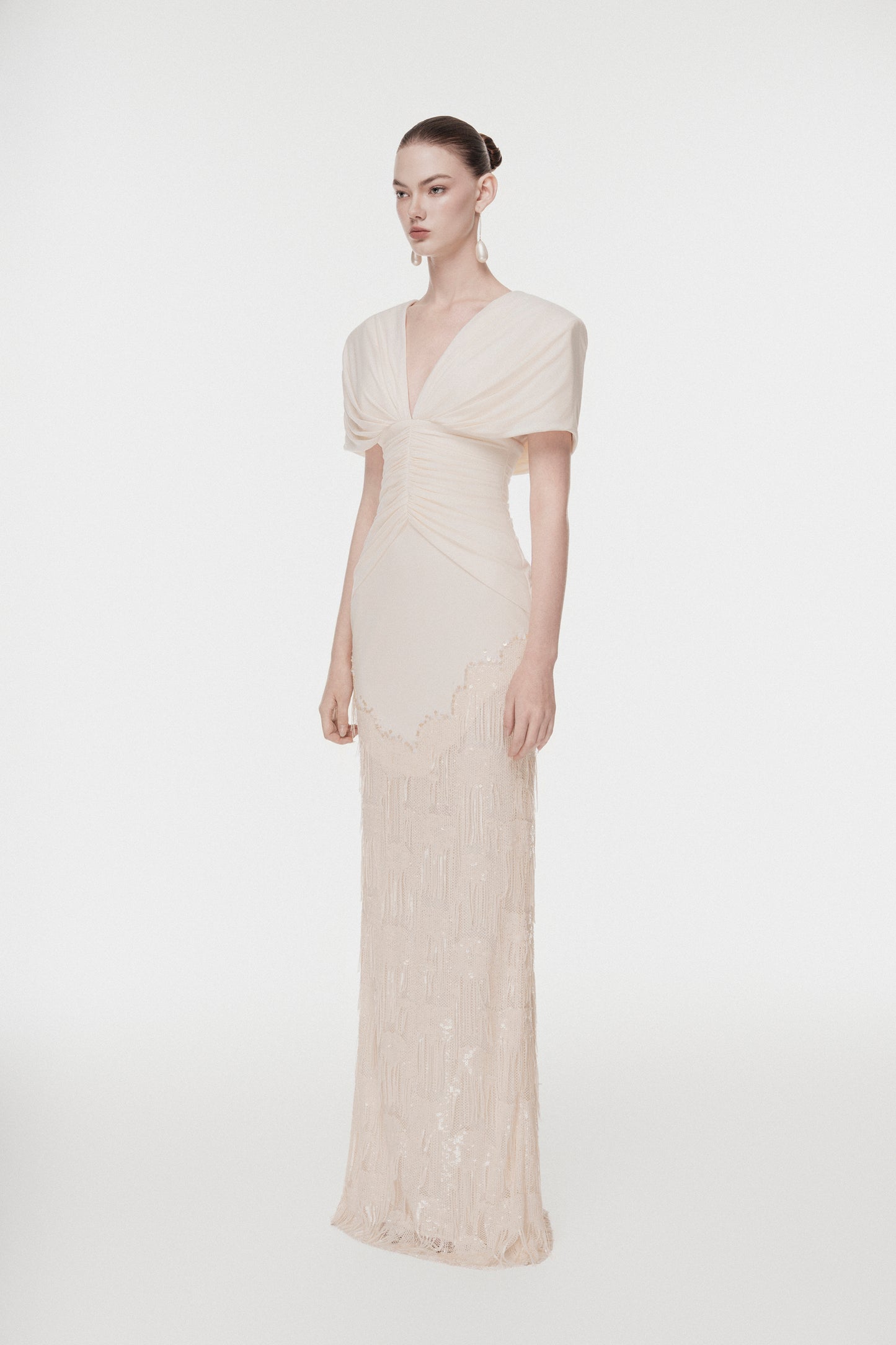 Deep V Fringe-Trimmed Long Dress
