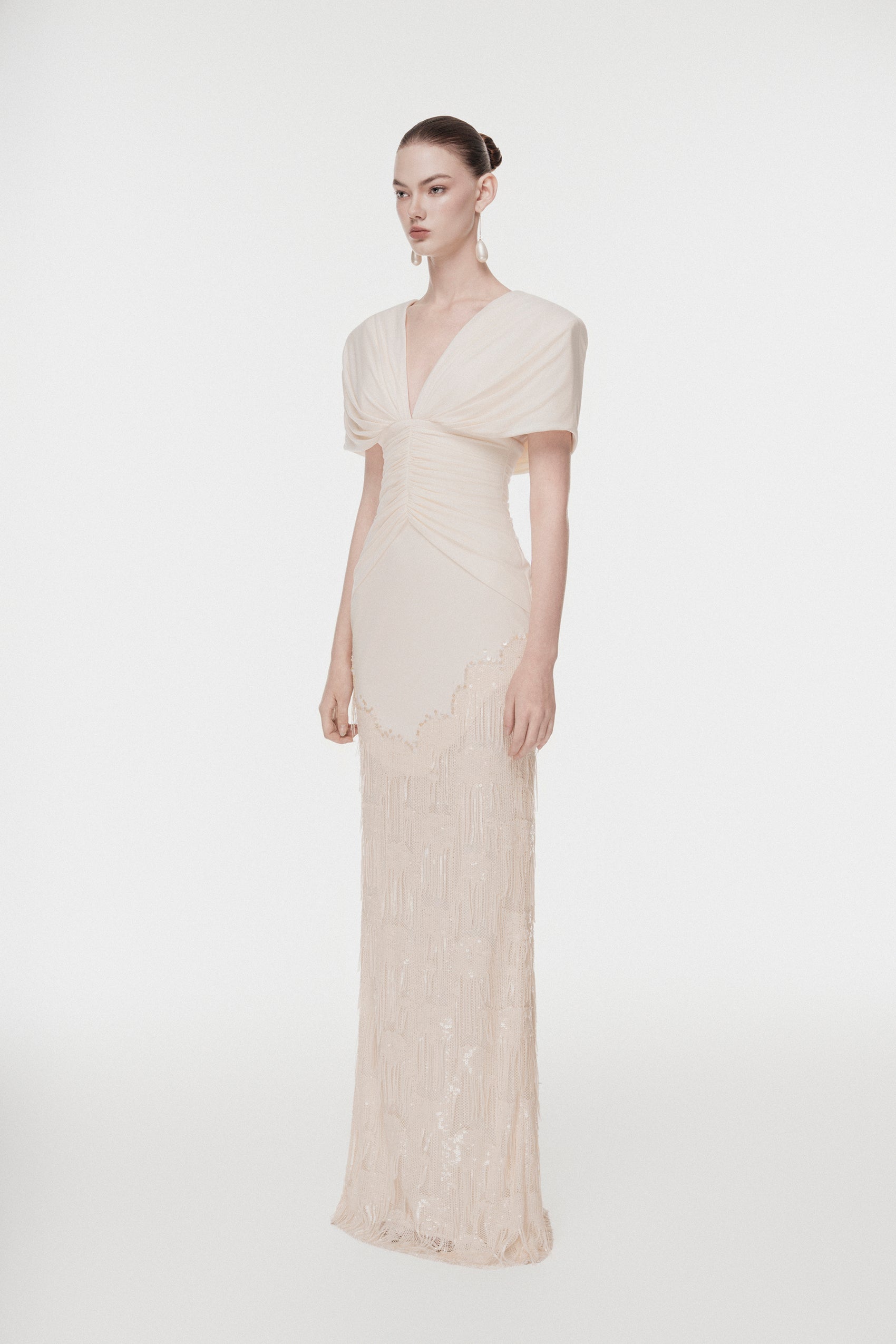 Deep V Fringe-Trimmed Long Dress