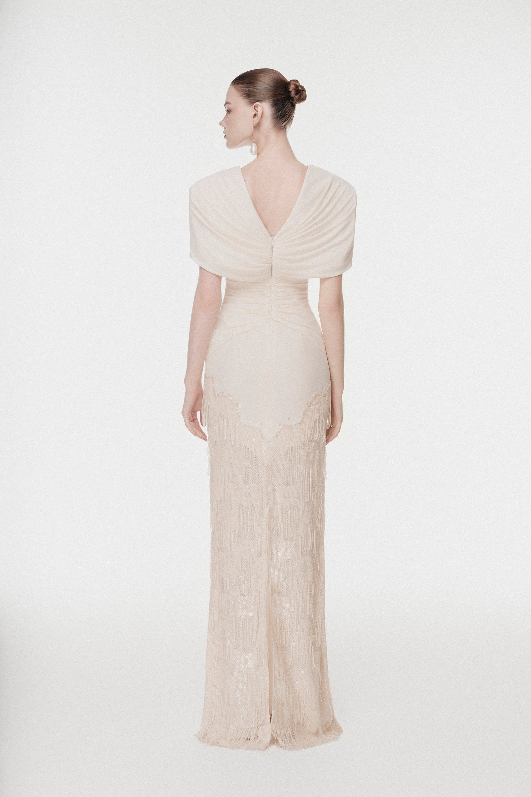 Deep V Fringe-Trimmed Long Dress
