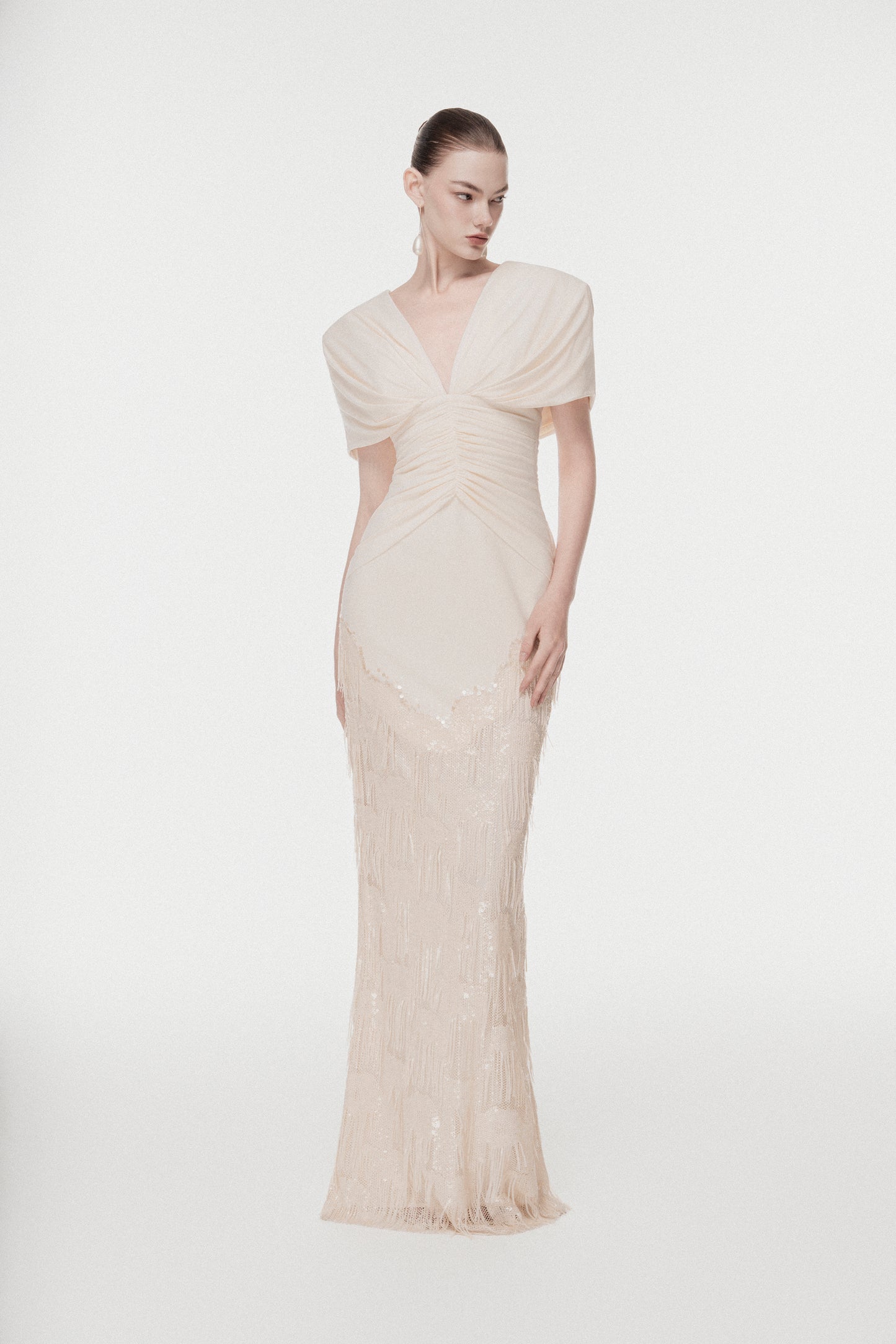 Deep V Fringe-Trimmed Long Dress