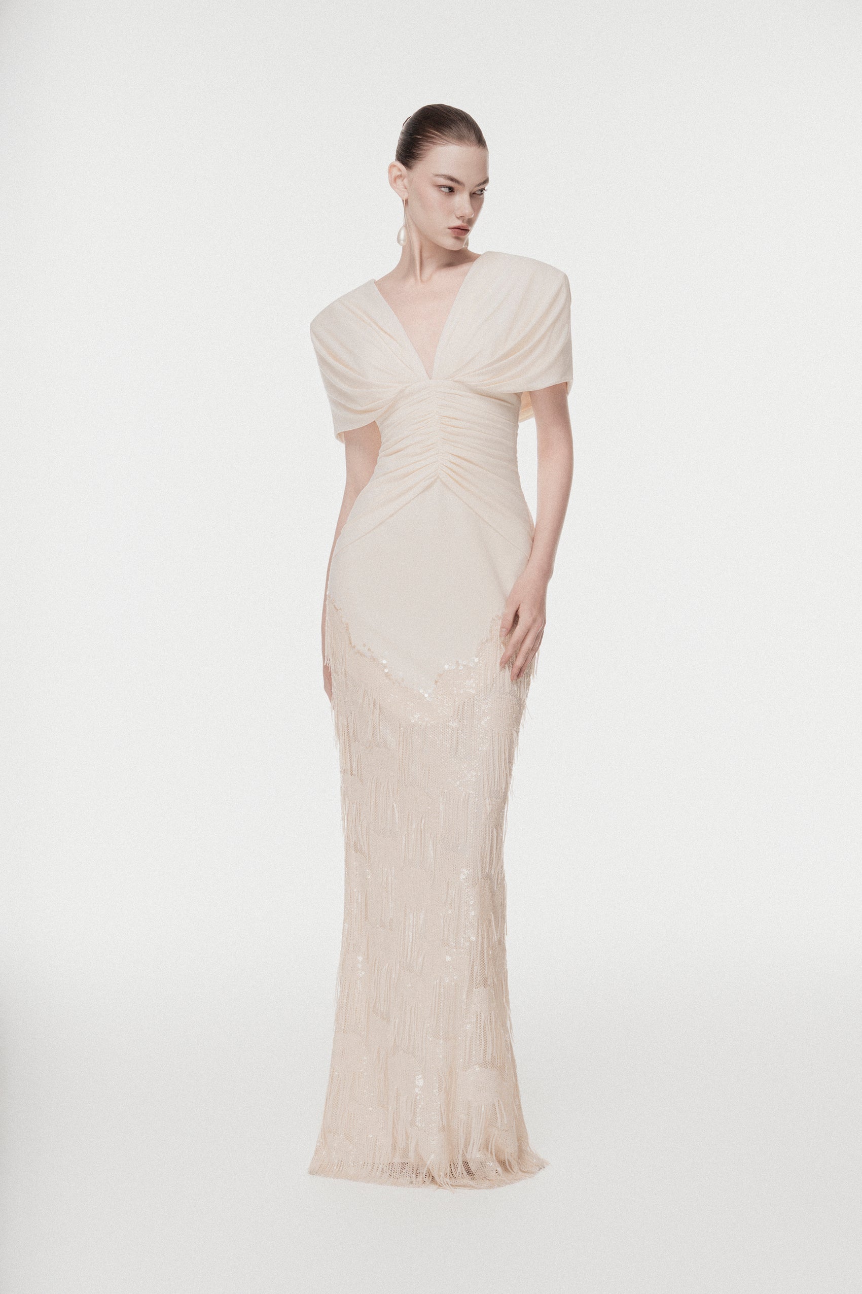Deep V Fringe-Trimmed Long Dress