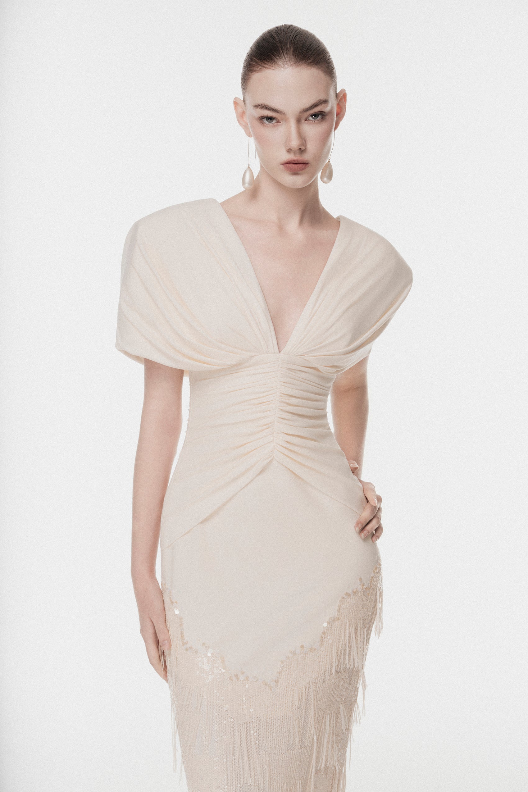 Deep V Fringe-Trimmed Long Dress