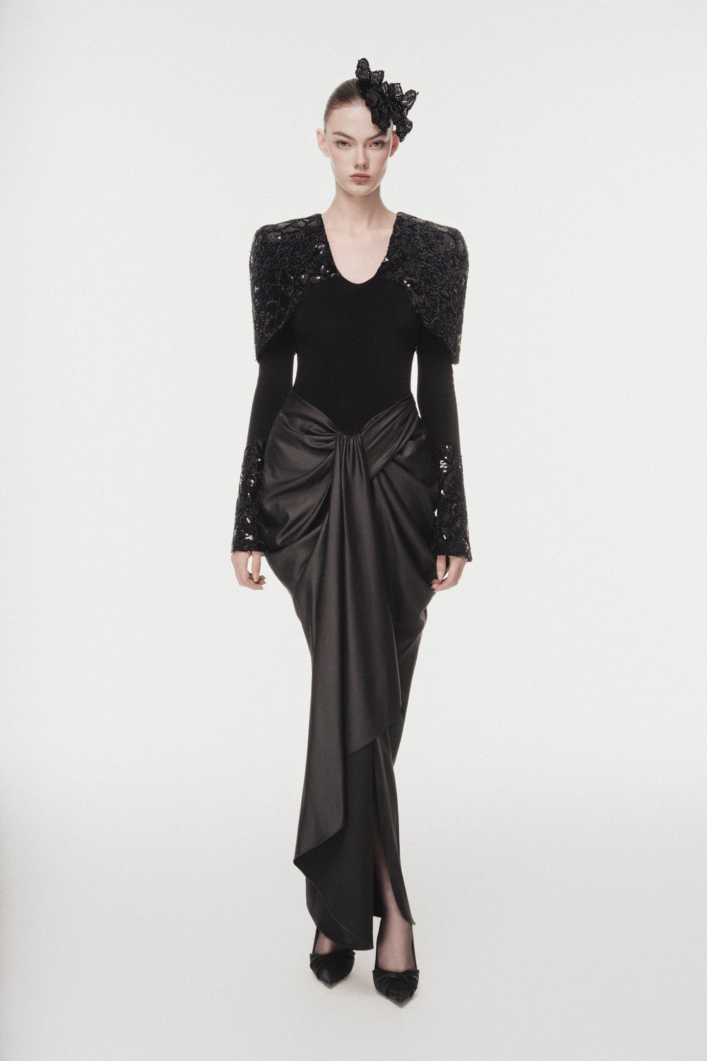 Lace & Sequin Cape Evening Dress