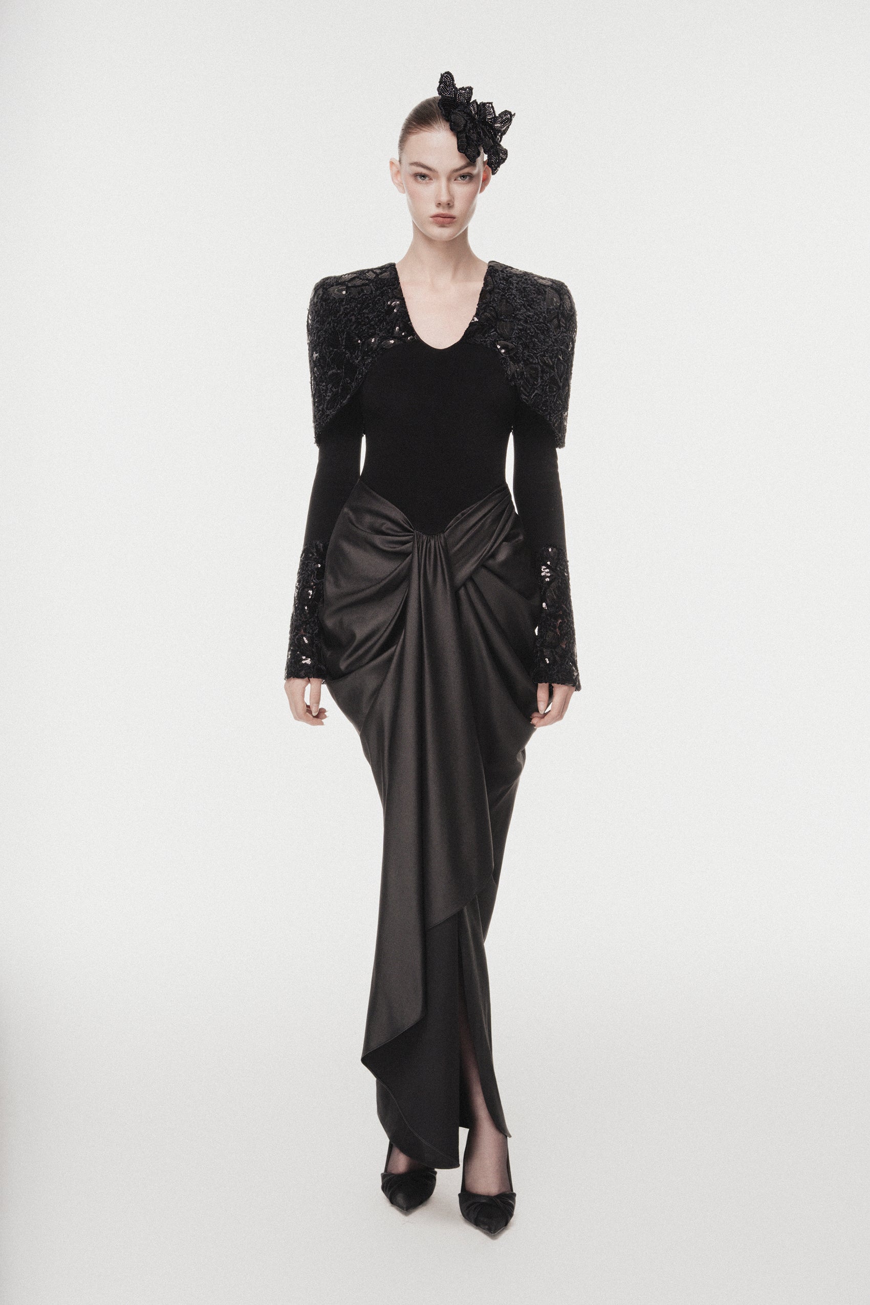 Lace & Sequin Cape Evening Dress