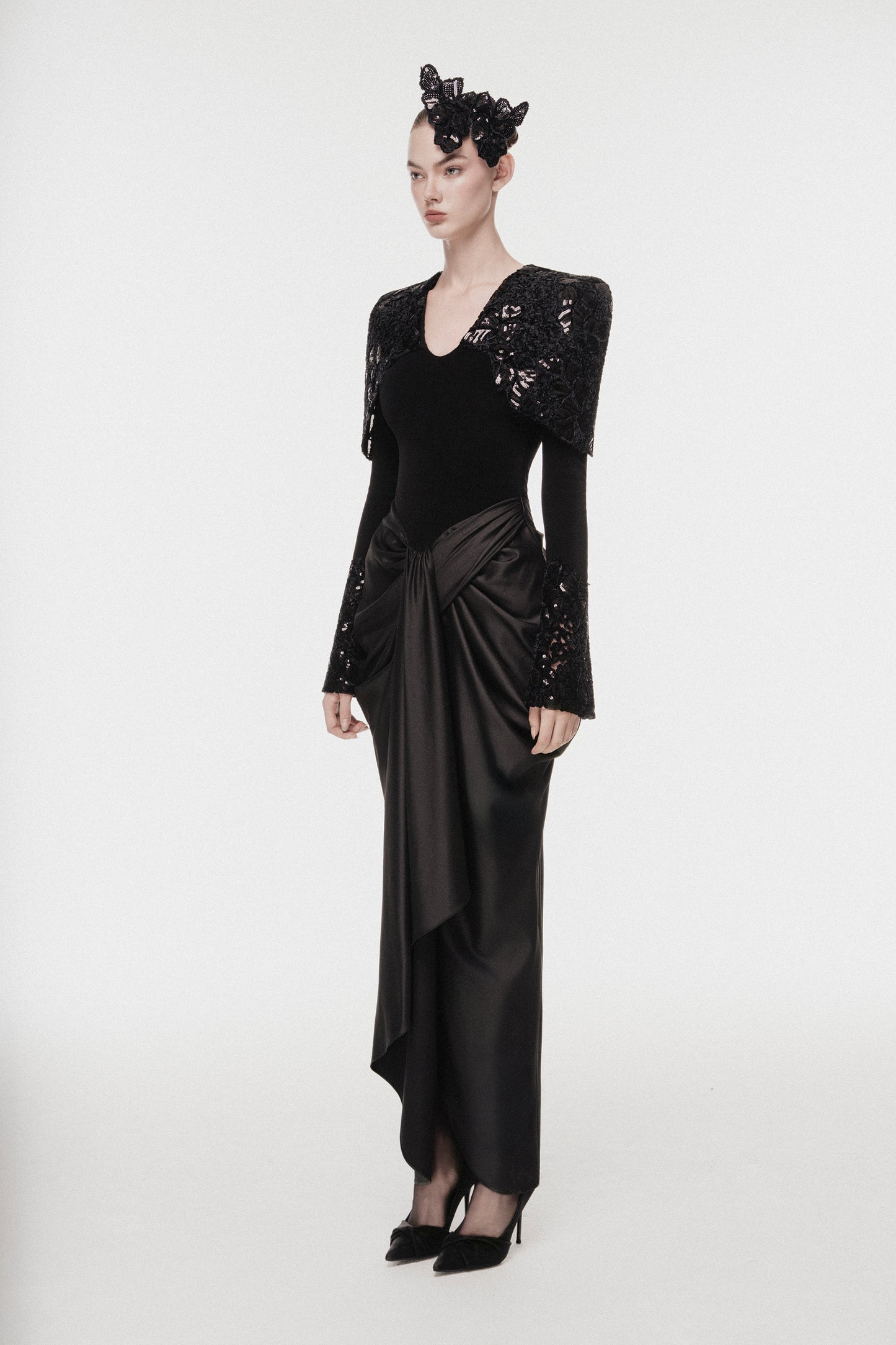 Lace & Sequin Cape Evening Dress