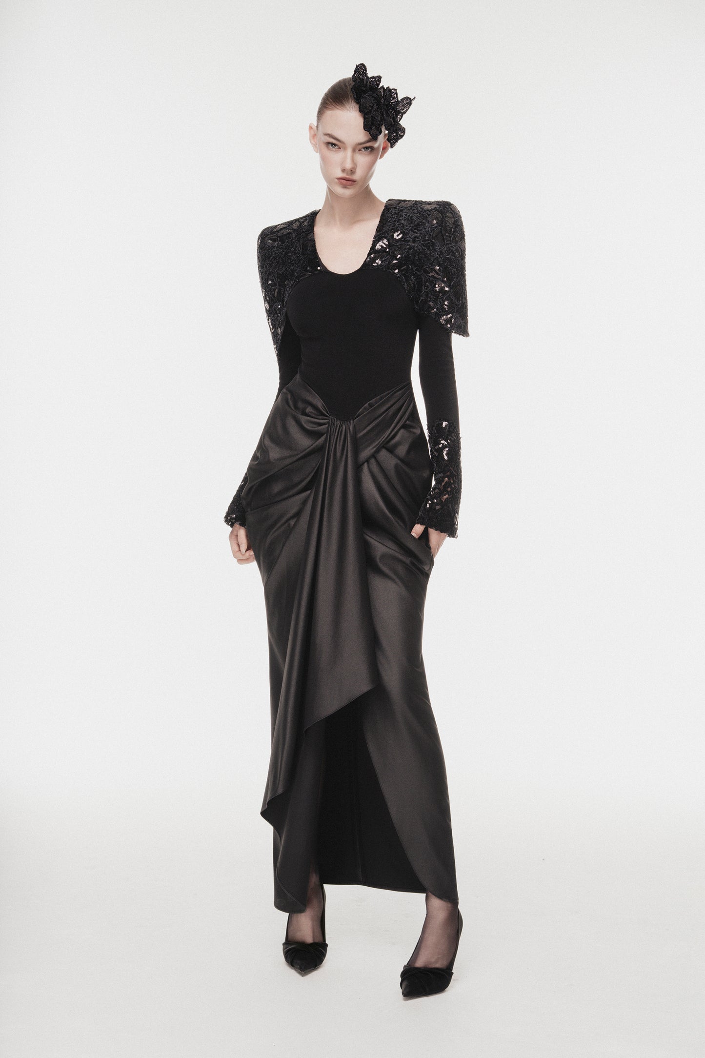 Lace & Sequin Cape Evening Dress