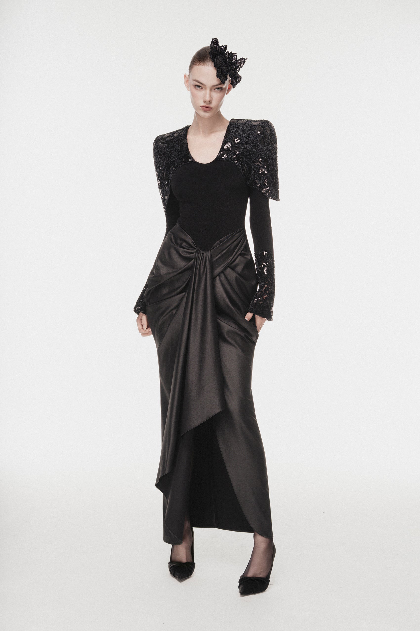 Lace & Sequin Cape Evening Dress