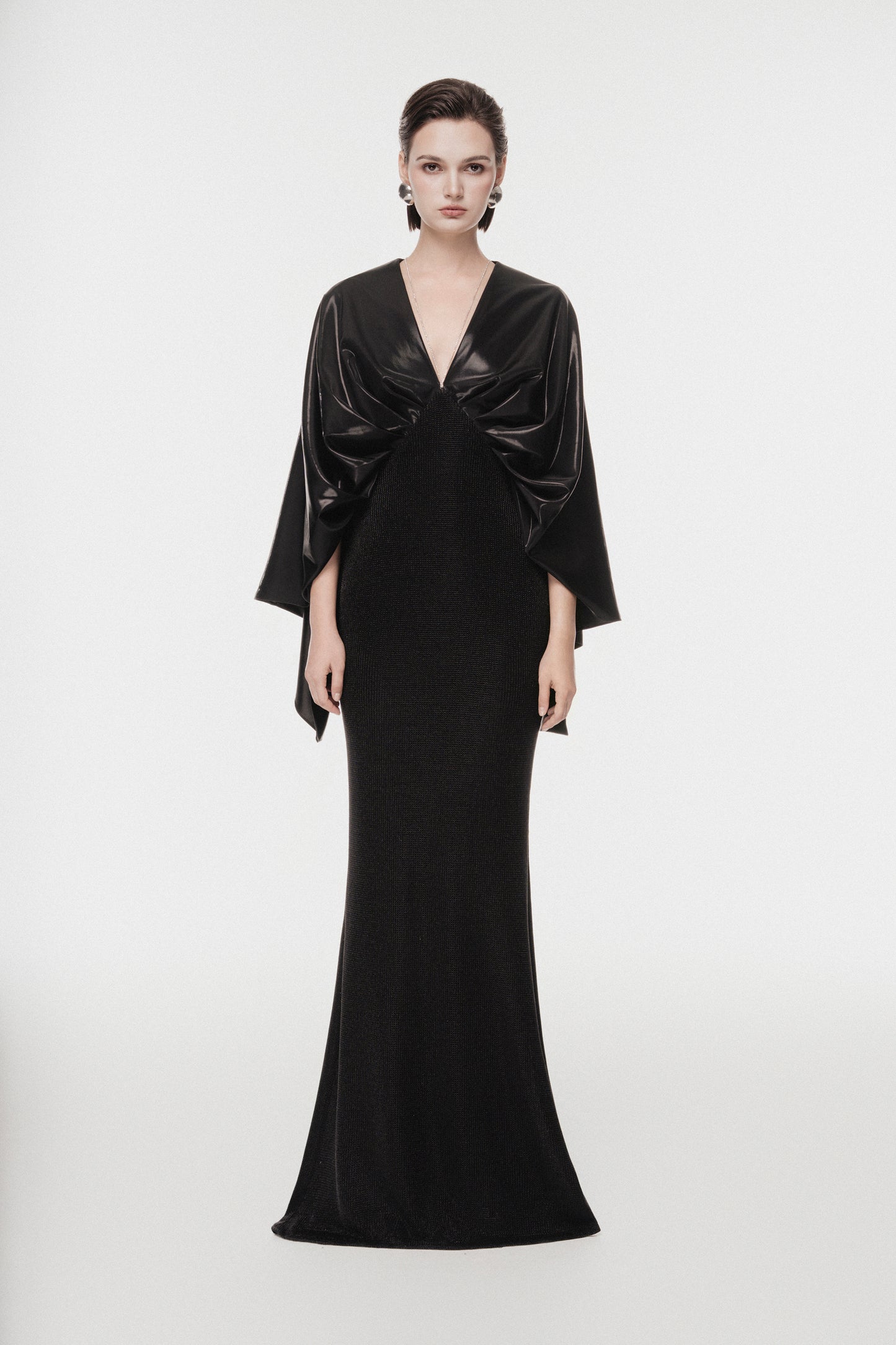 Black Draped V-Neck Gown with Crystal Strap