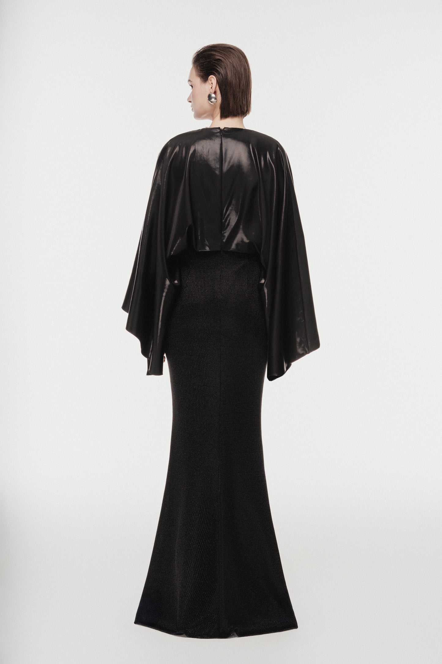 Black Draped V-Neck Gown with Crystal Strap