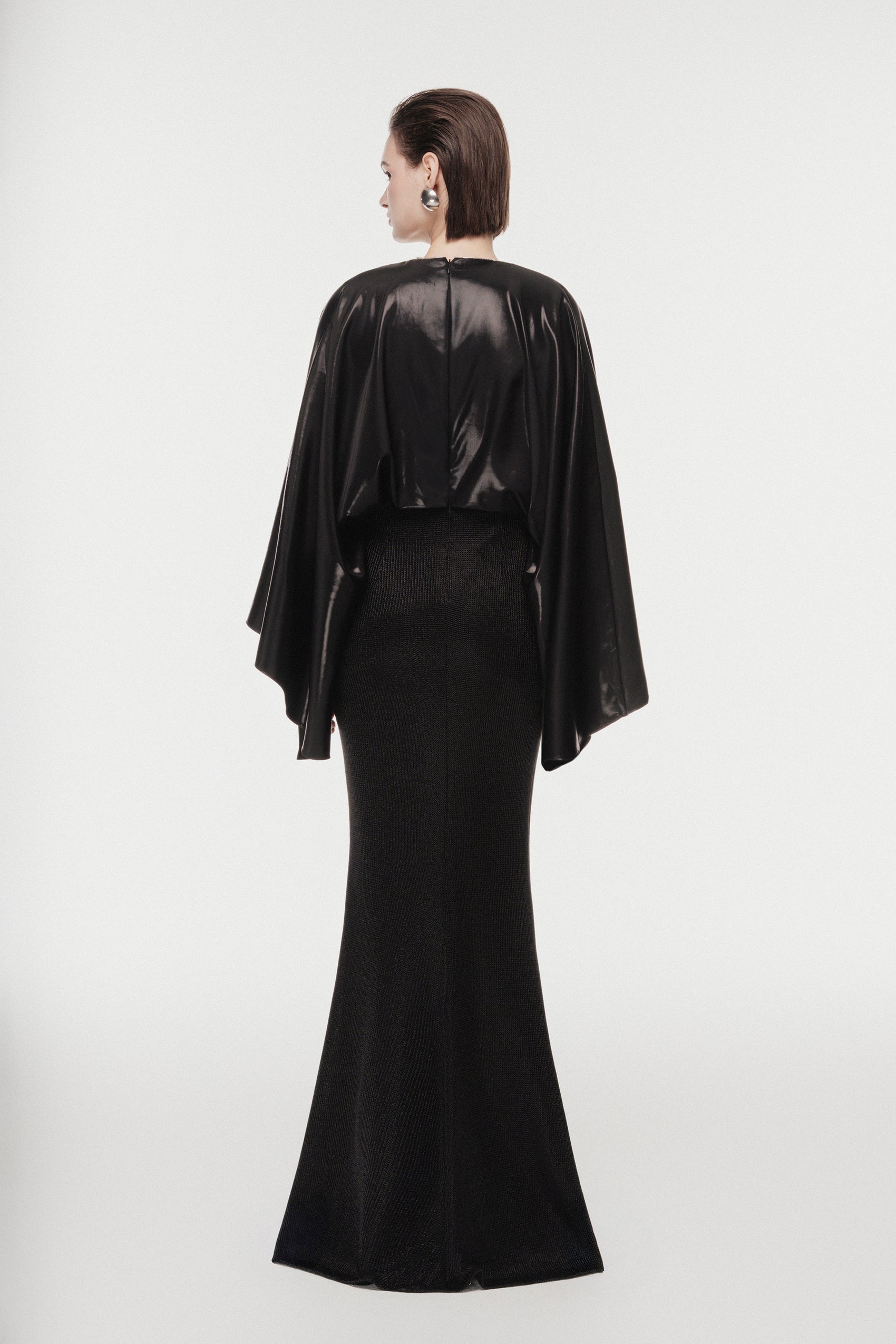 Black Draped V-Neck Gown with Crystal Strap