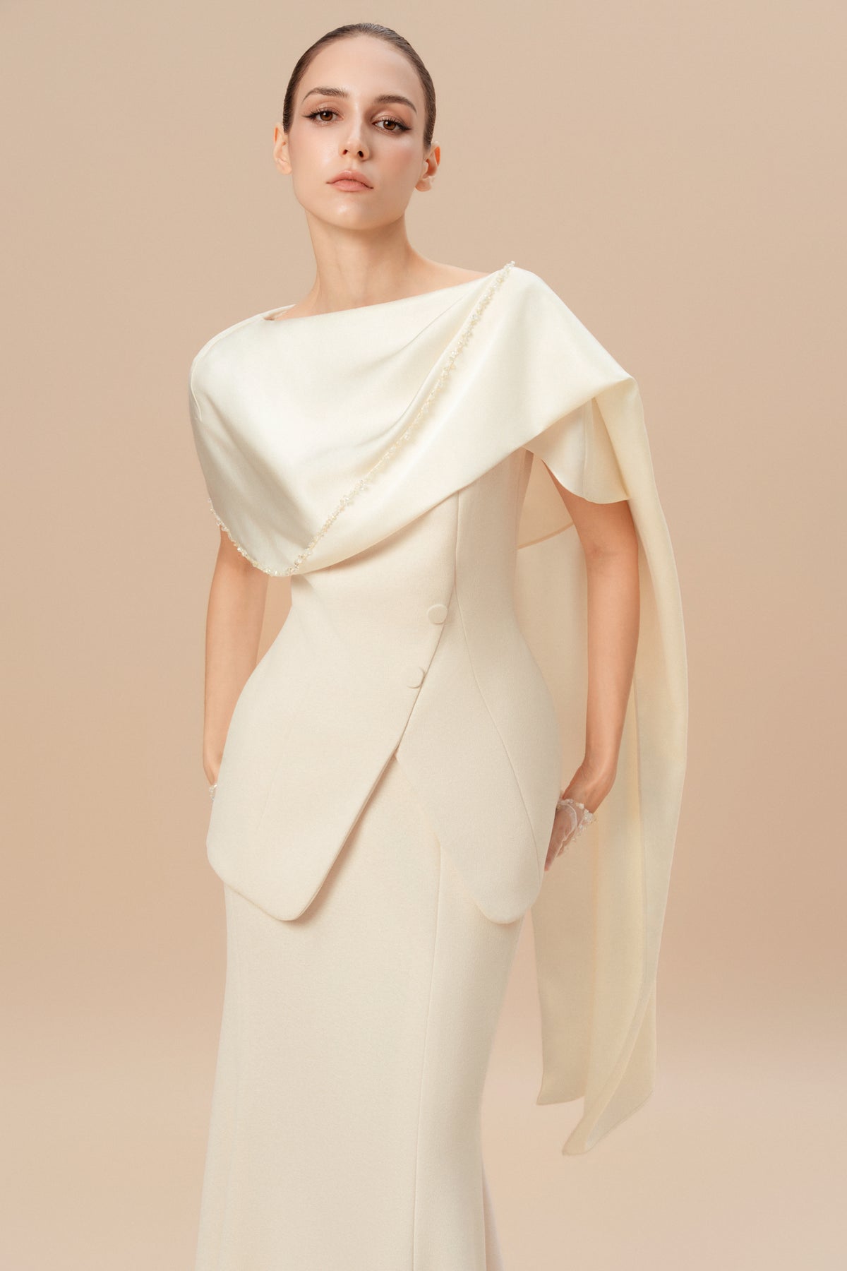 Asymmetric Draped Cape Set Design