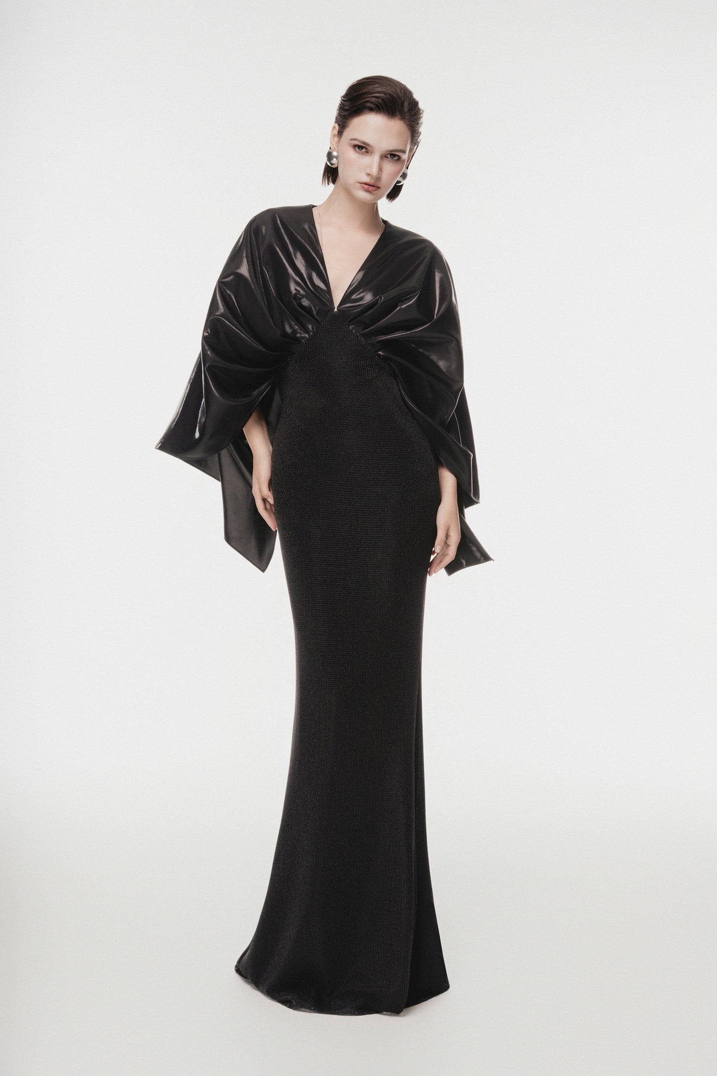 Black Draped V-Neck Gown with Crystal Strap