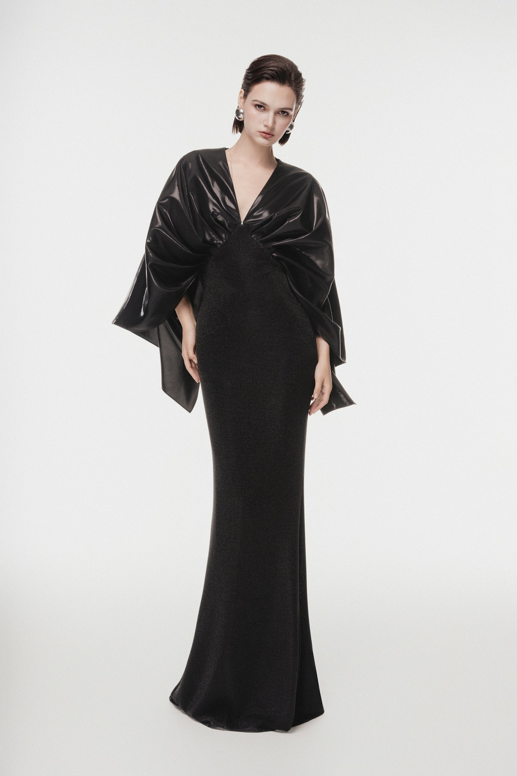 Black Draped V-Neck Gown with Crystal Strap