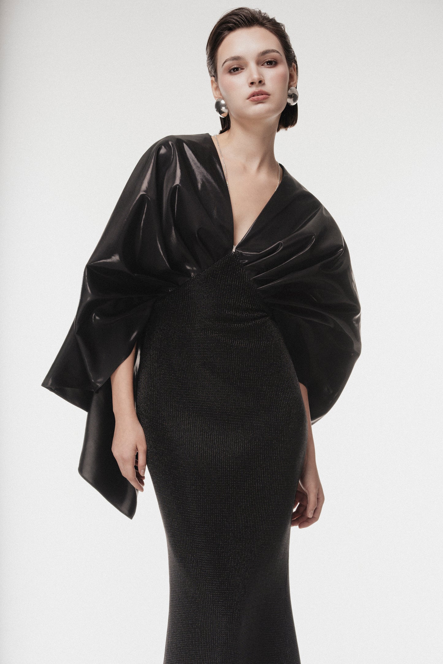 Black Draped V-Neck Gown with Crystal Strap