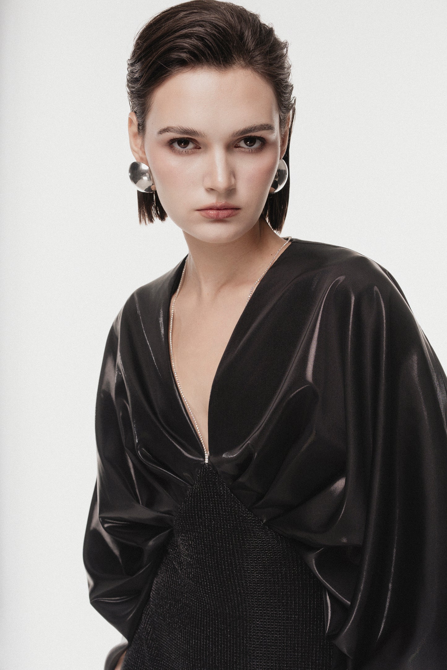 Black Draped V-Neck Gown with Crystal Strap
