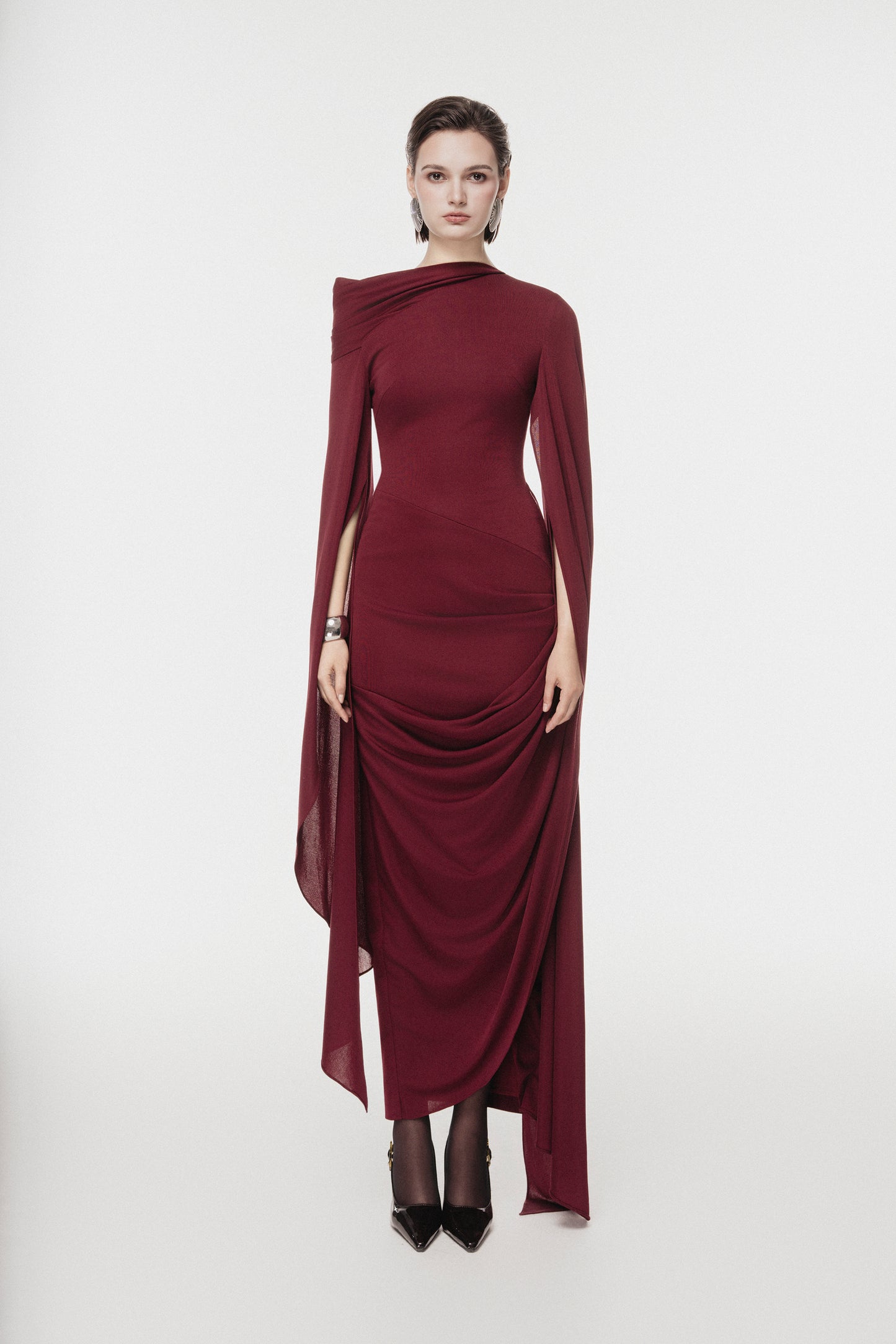 One-Shoulder Cape Midi Dress