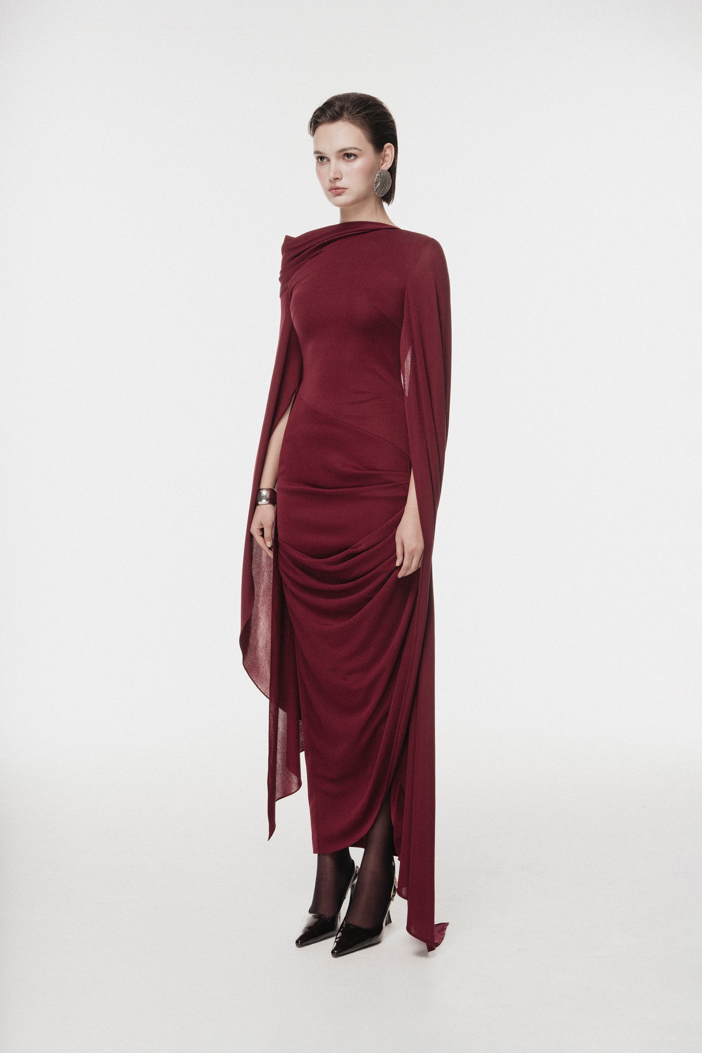 One-Shoulder Cape Midi Dress