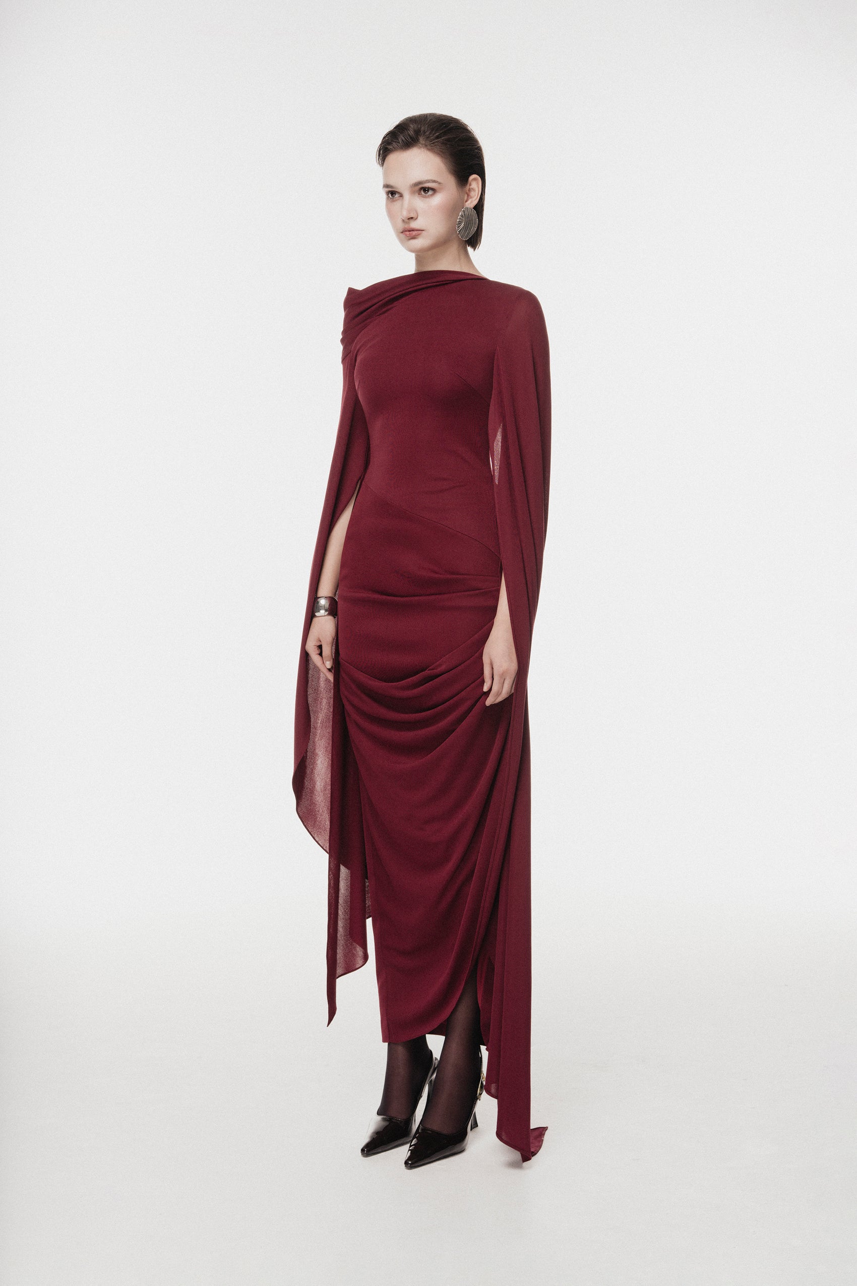 One-Shoulder Cape Midi Dress