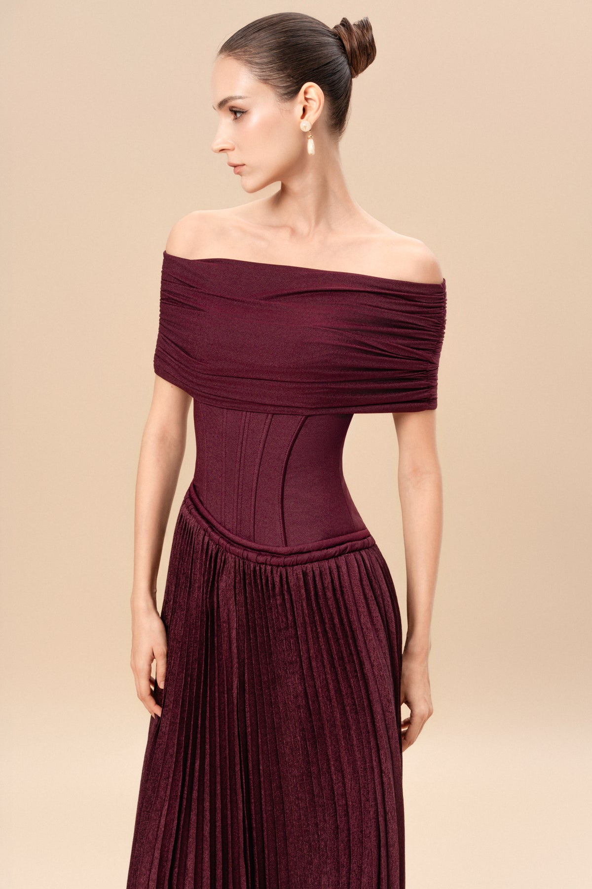 Off-Shoulder Corset Pleated Dress