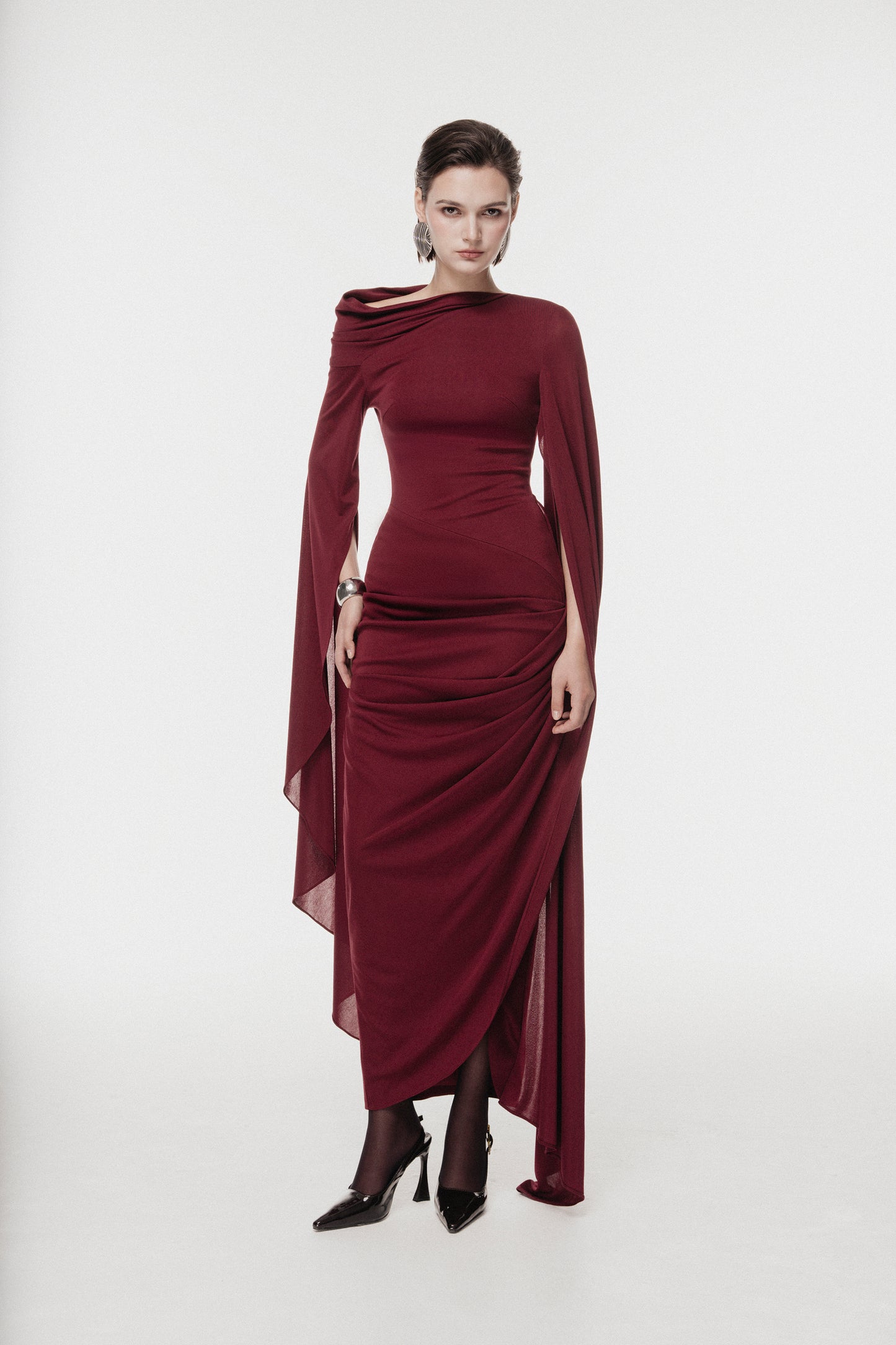 One-Shoulder Cape Midi Dress