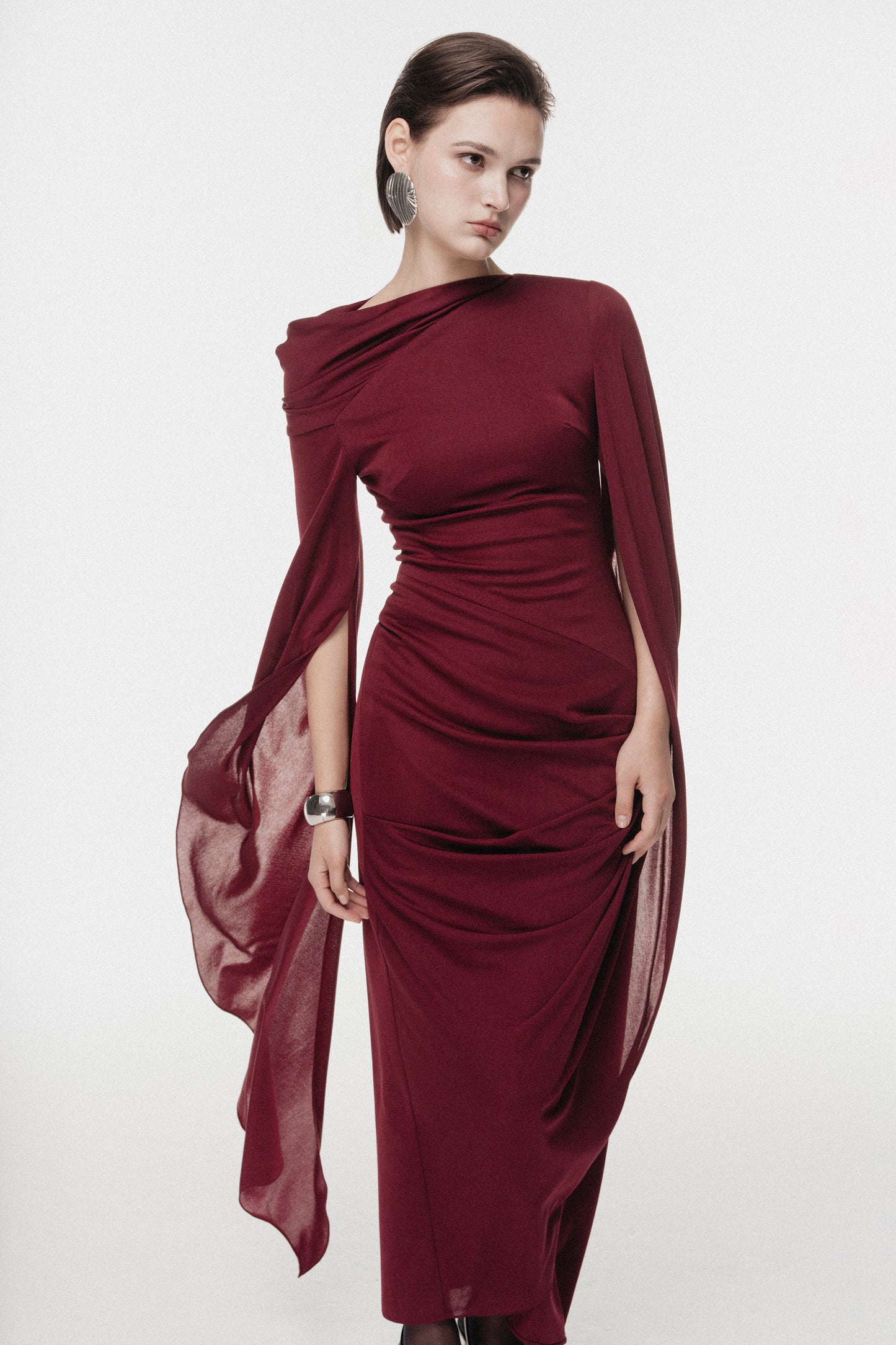 One-Shoulder Cape Midi Dress