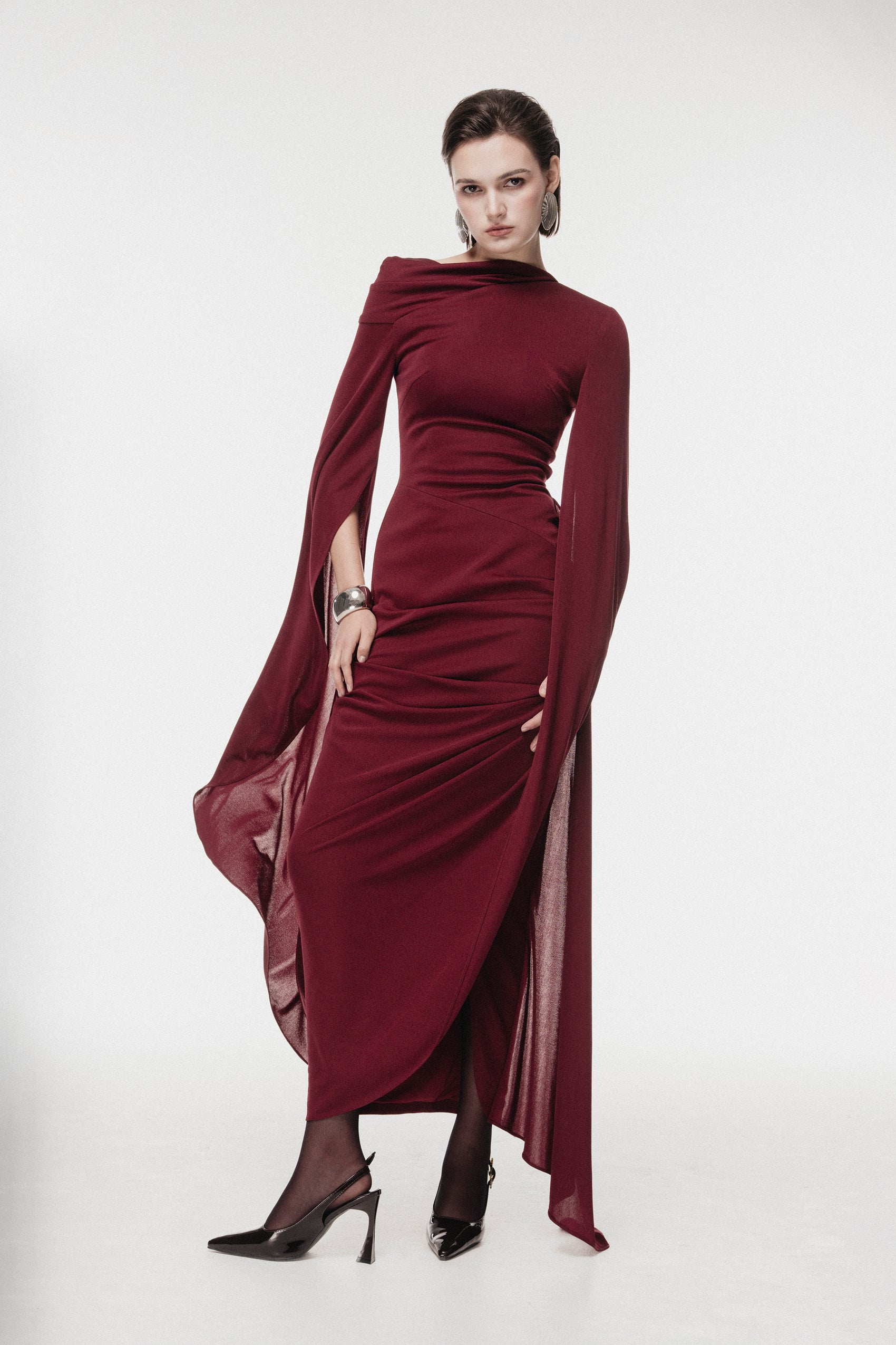 One-Shoulder Cape Midi Dress