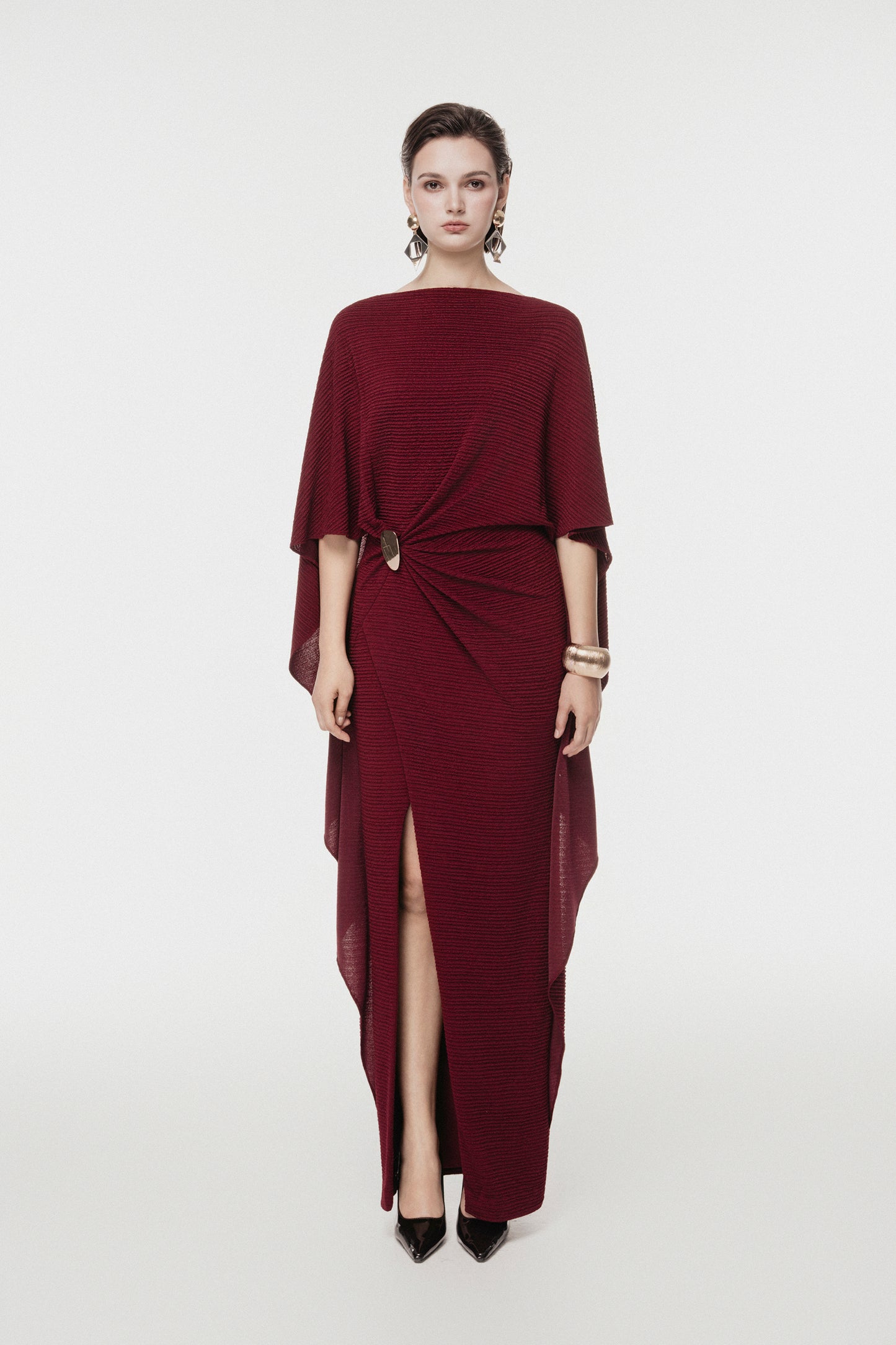Draped Midi Dress with Metal Ring Detail