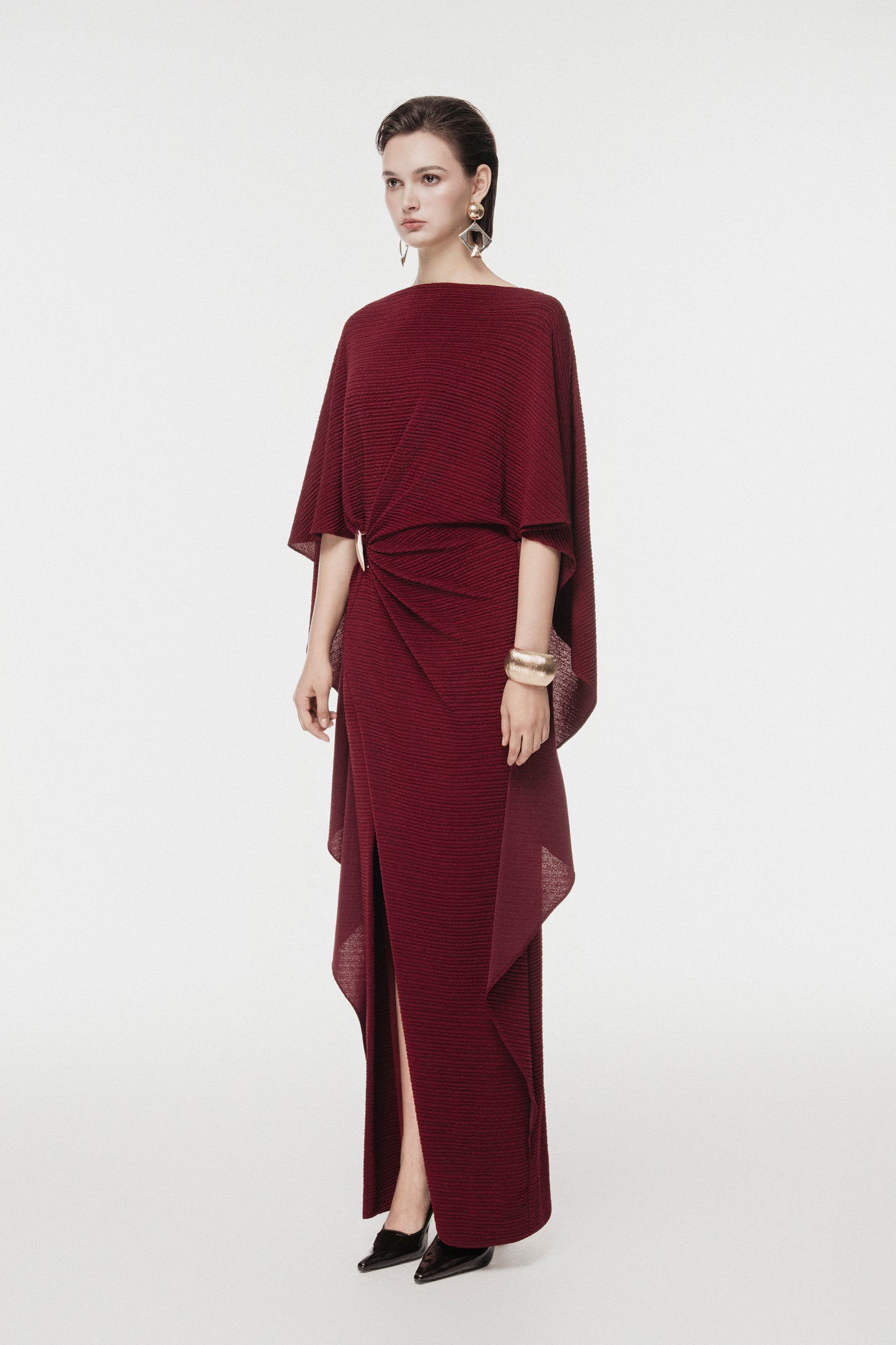 Draped Midi Dress with Metal Ring Detail