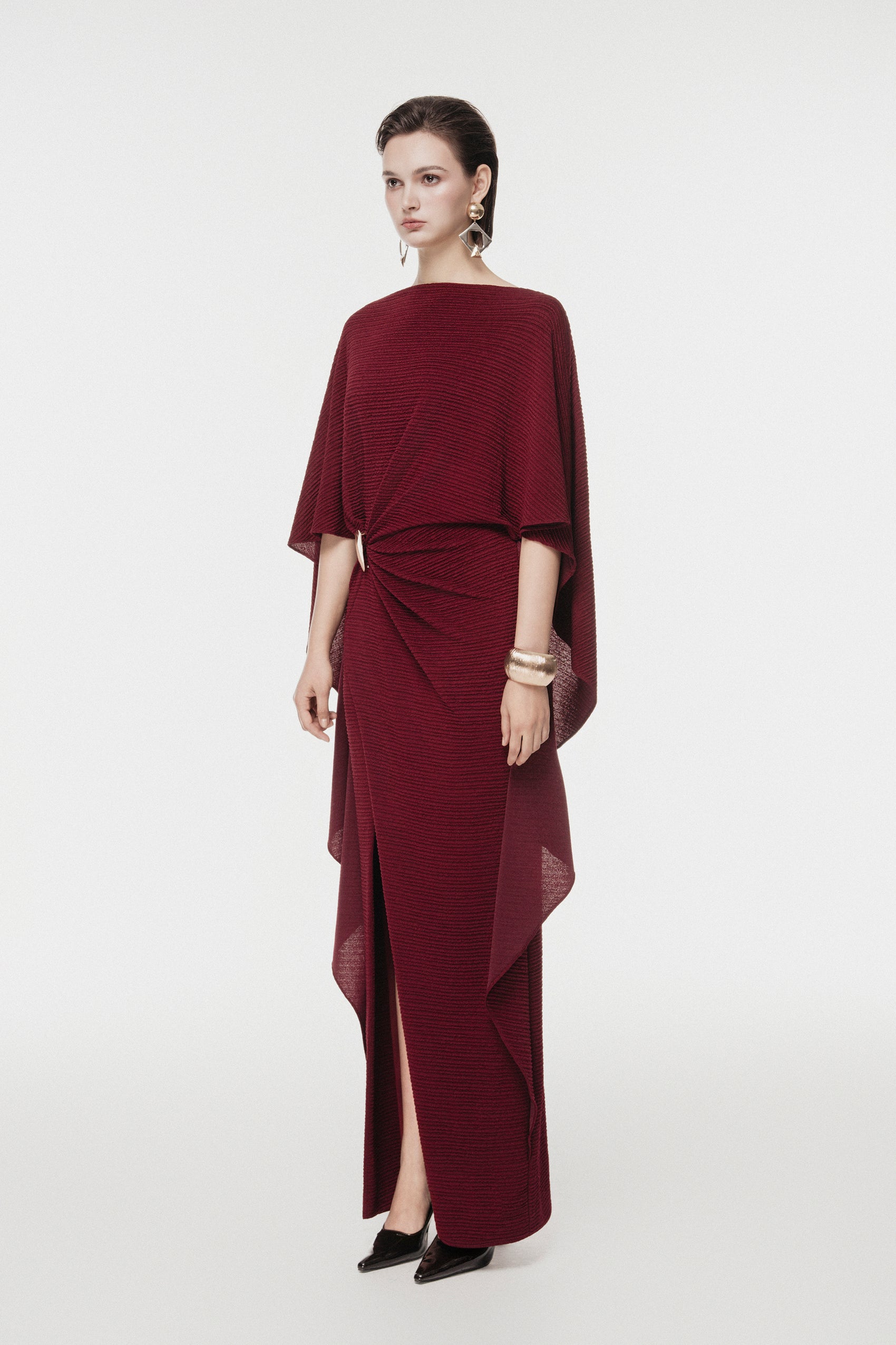 Draped Midi Dress with Metal Ring Detail