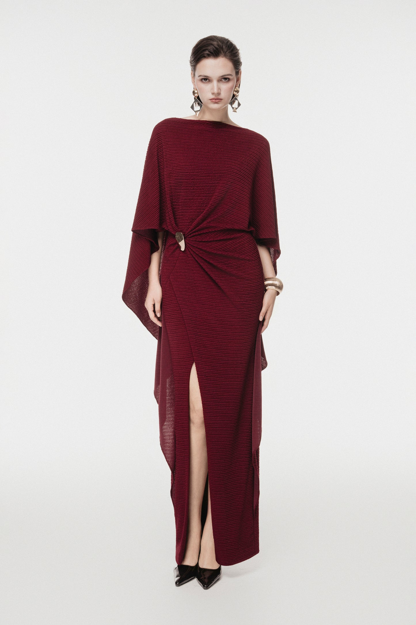 Draped Midi Dress with Metal Ring Detail