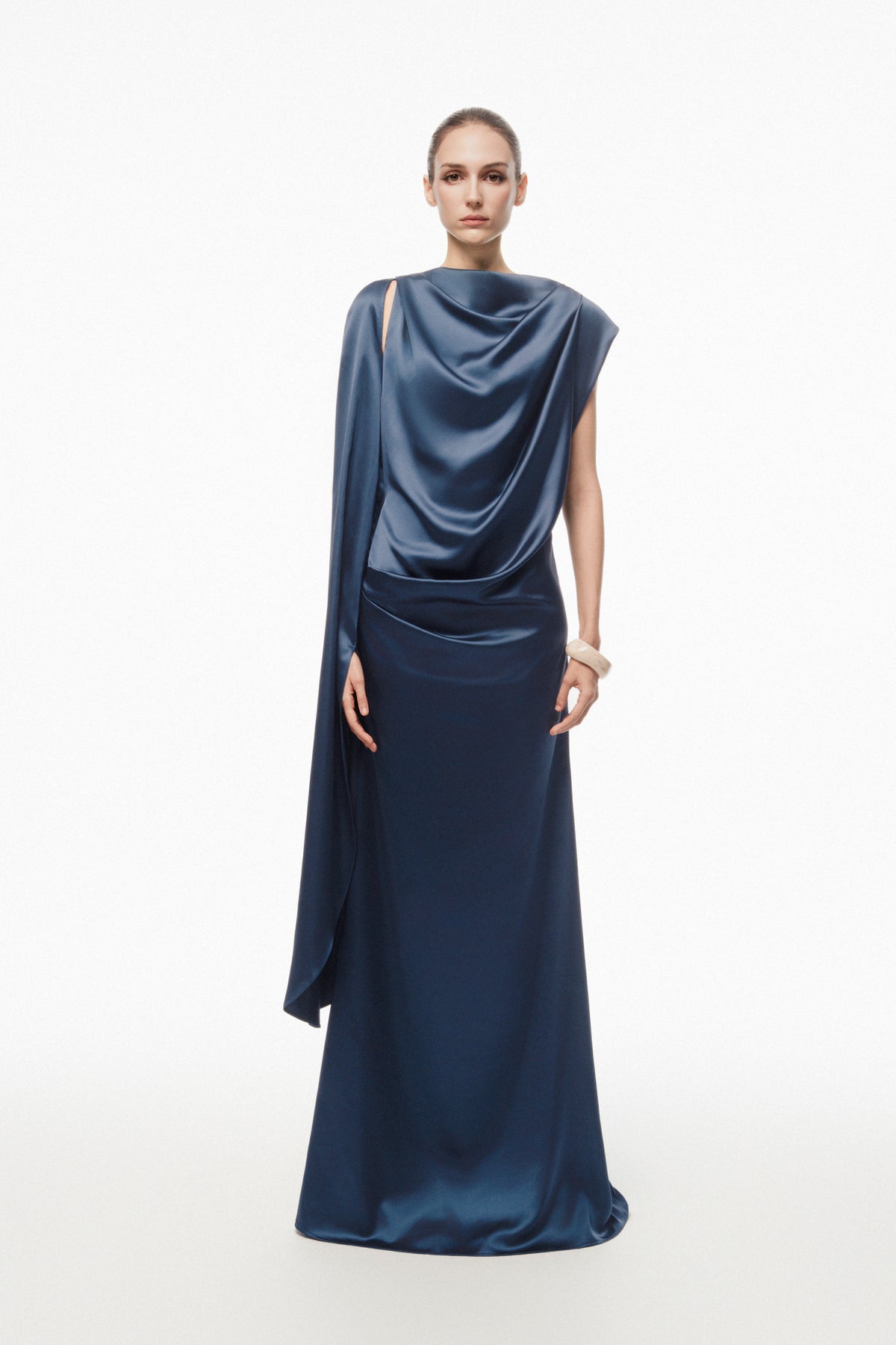 Asymmetric Draped Satin Maxi Dress