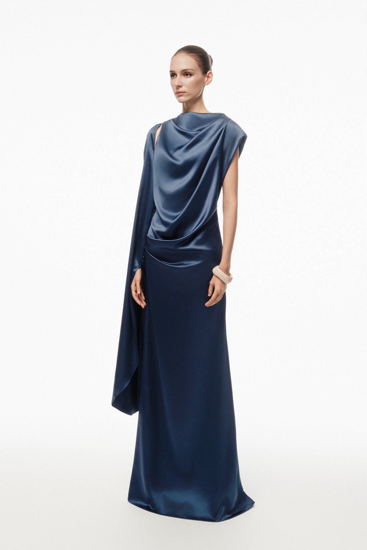 Asymmetric Draped Satin Maxi Dress