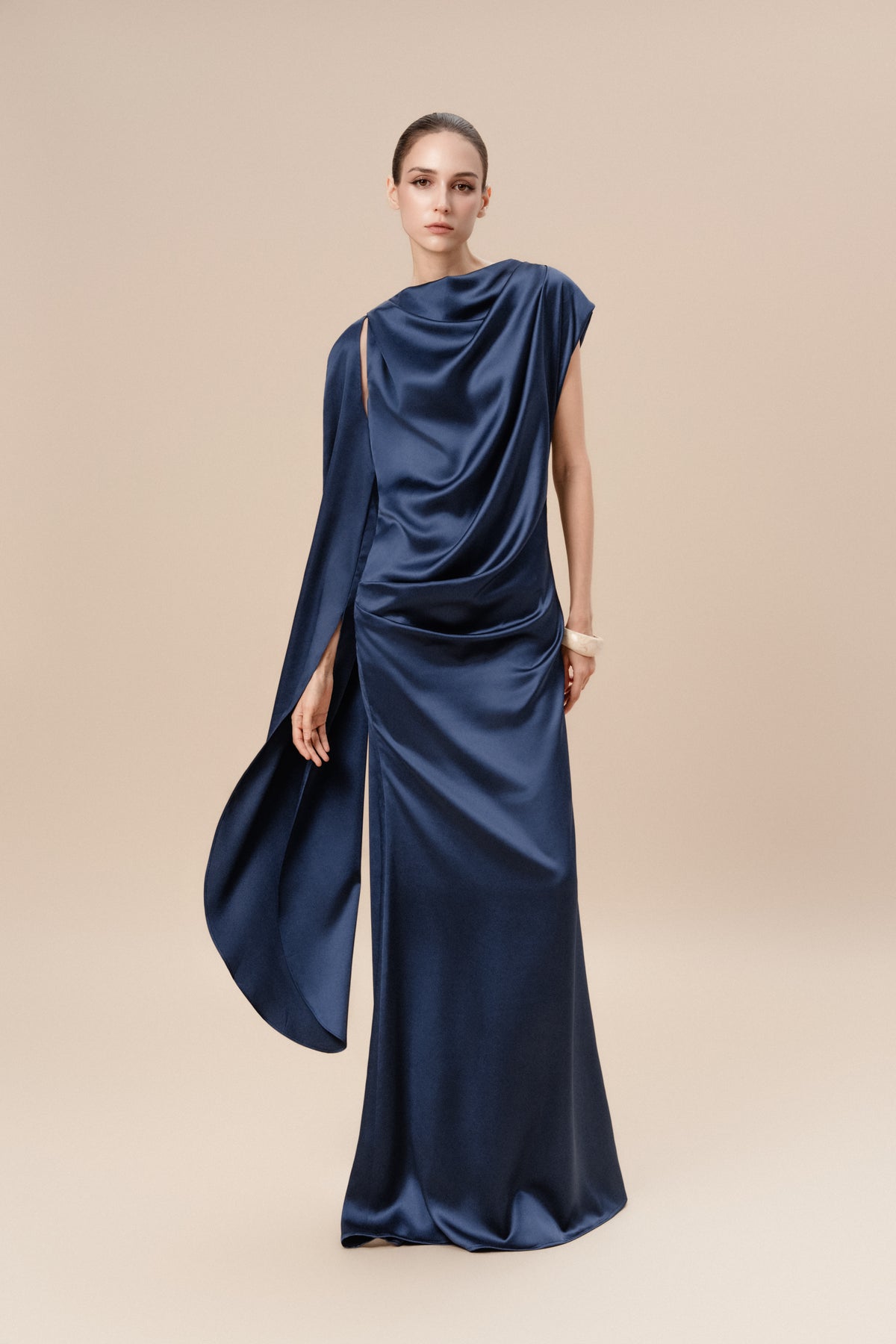 Asymmetric Draped Satin Maxi Dress