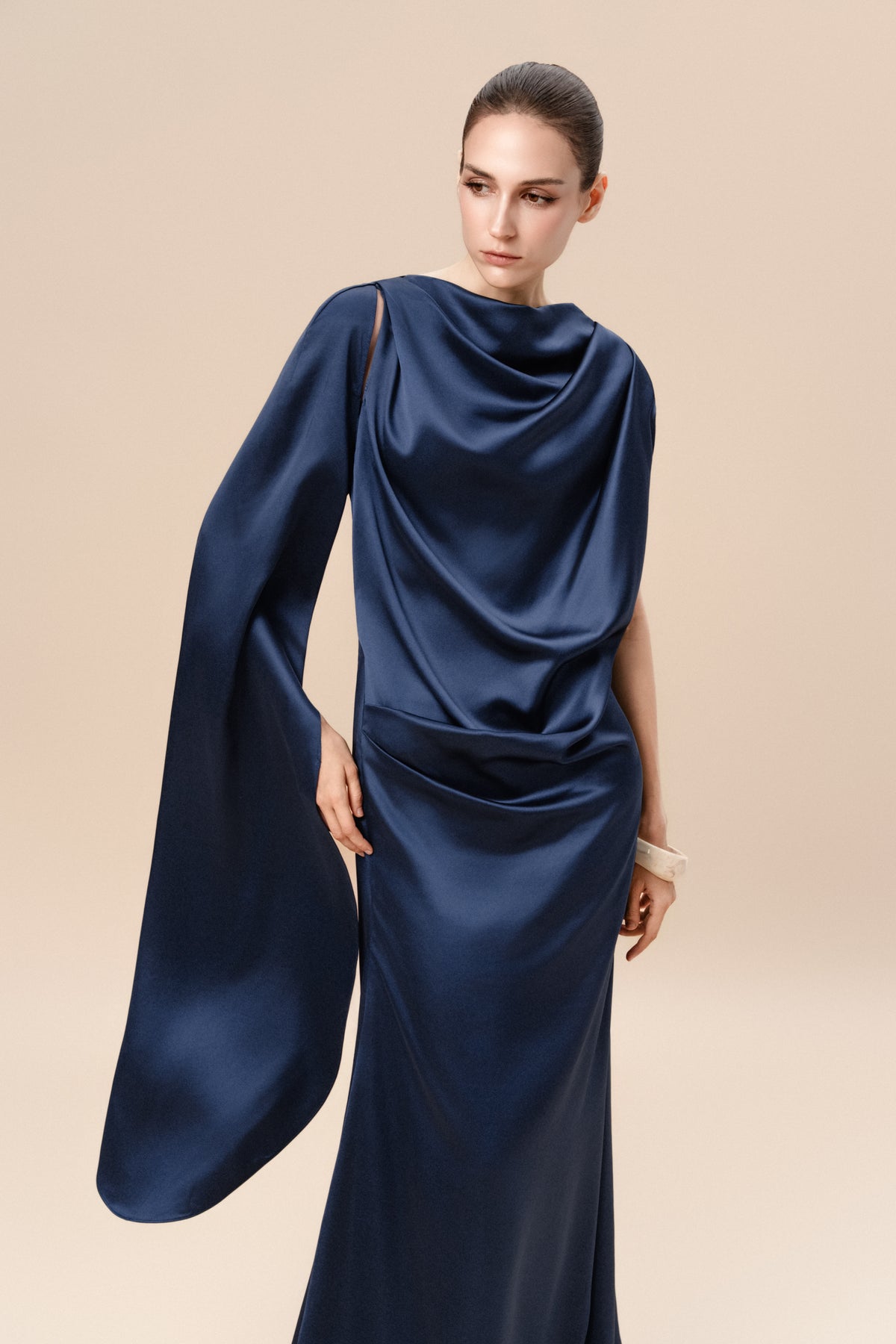 Asymmetric Draped Satin Maxi Dress