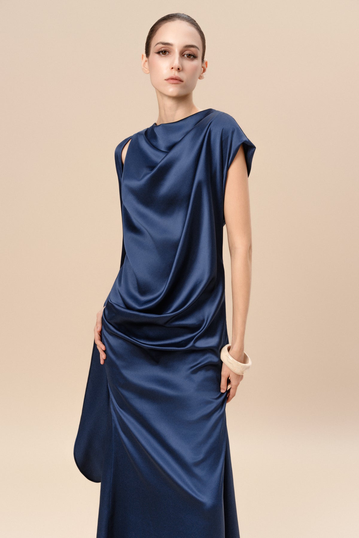 Asymmetric Draped Satin Maxi Dress