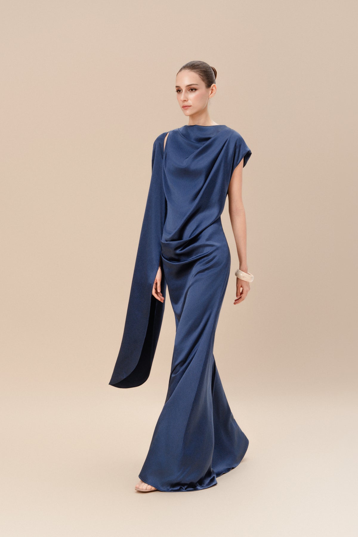 Asymmetric Draped Satin Maxi Dress