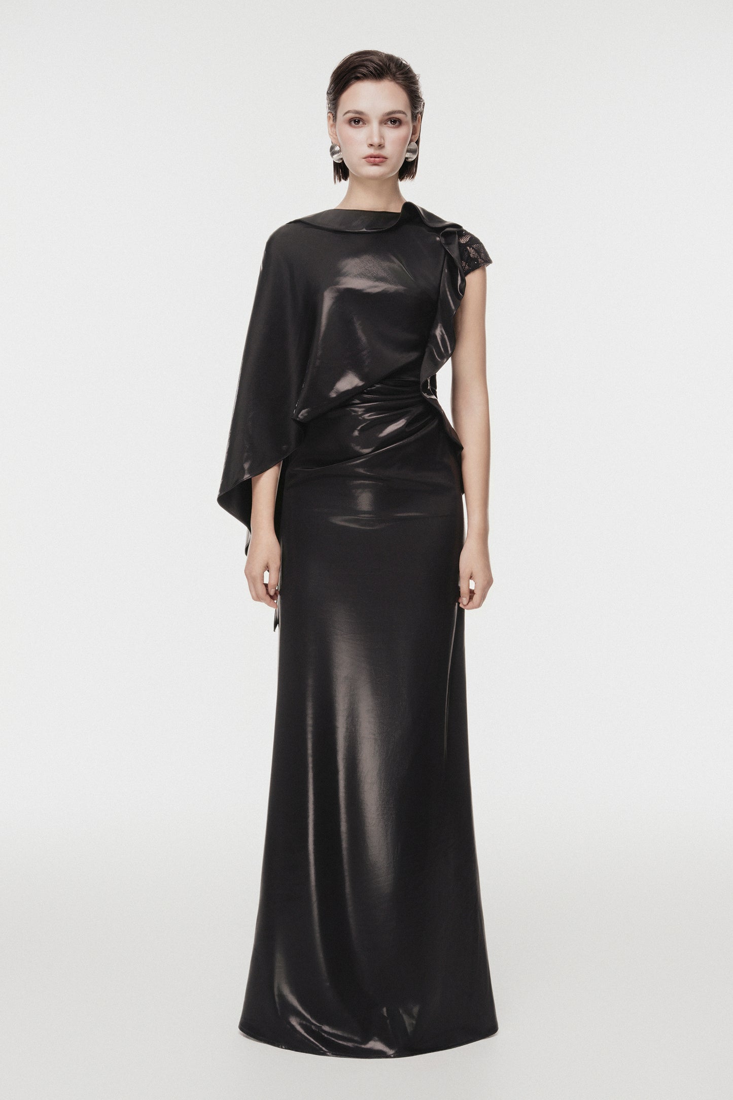 Asymmetric Cape-Sleeve Long Dress
