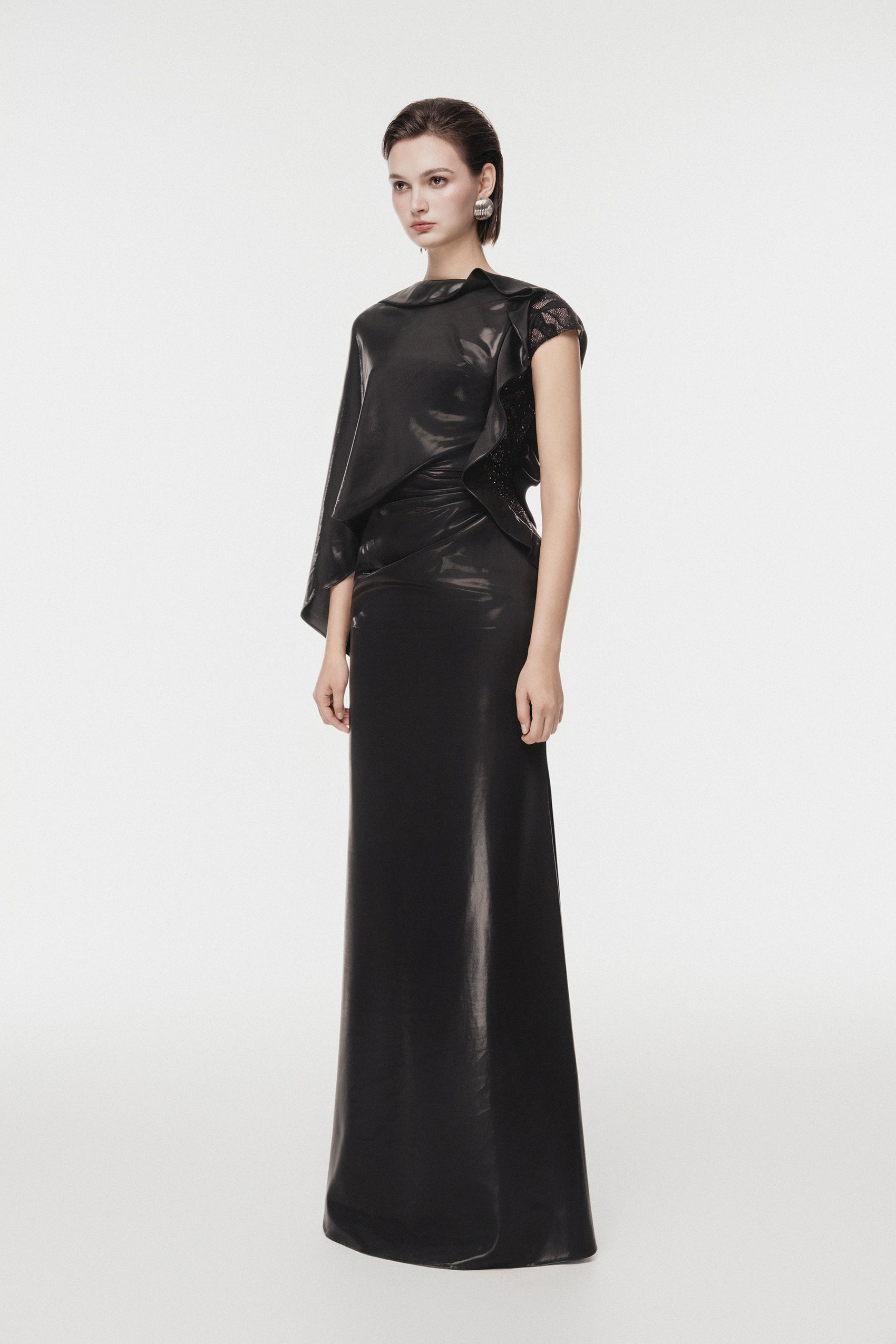 Asymmetric Cape-Sleeve Long Dress