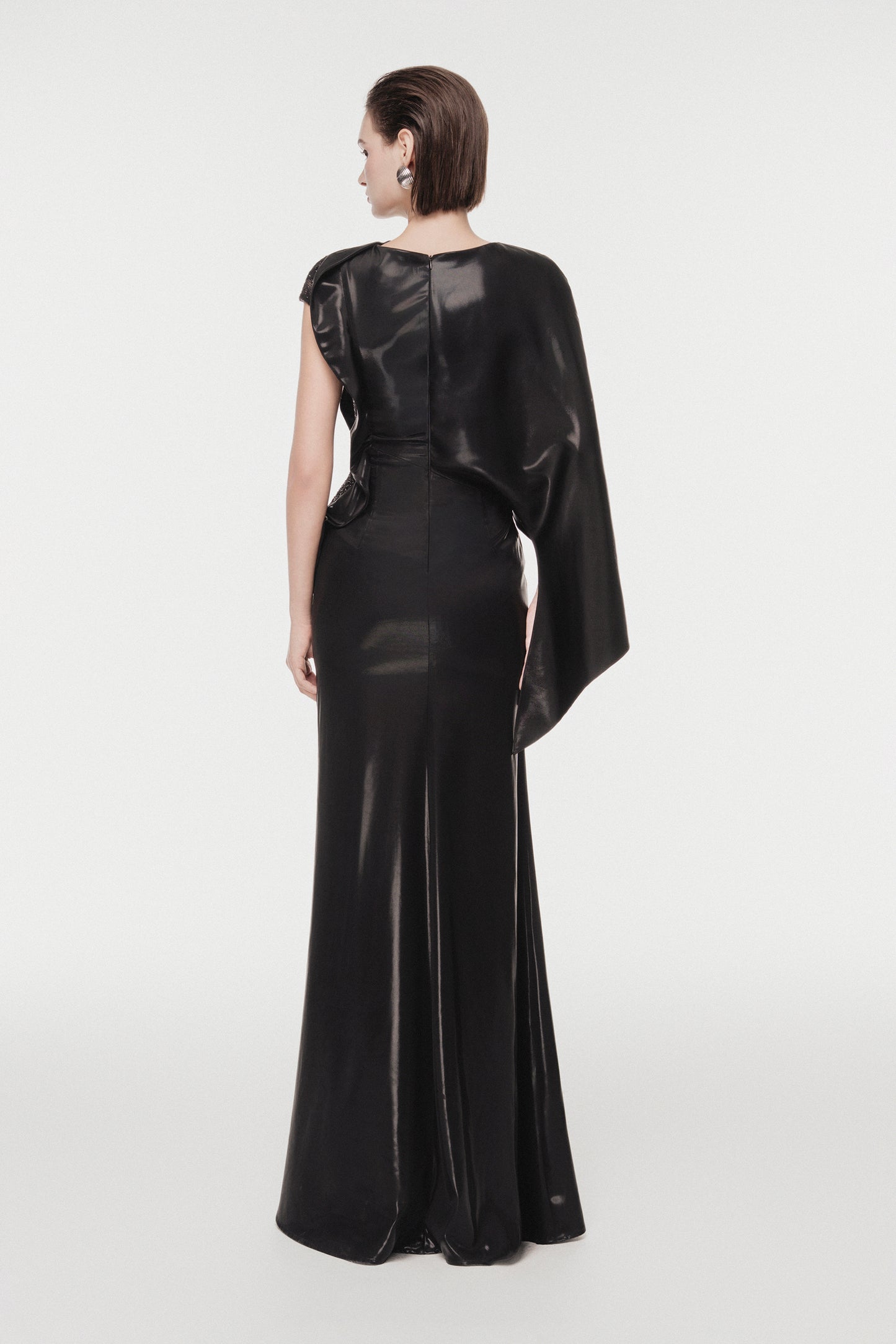 Asymmetric Cape-Sleeve Long Dress