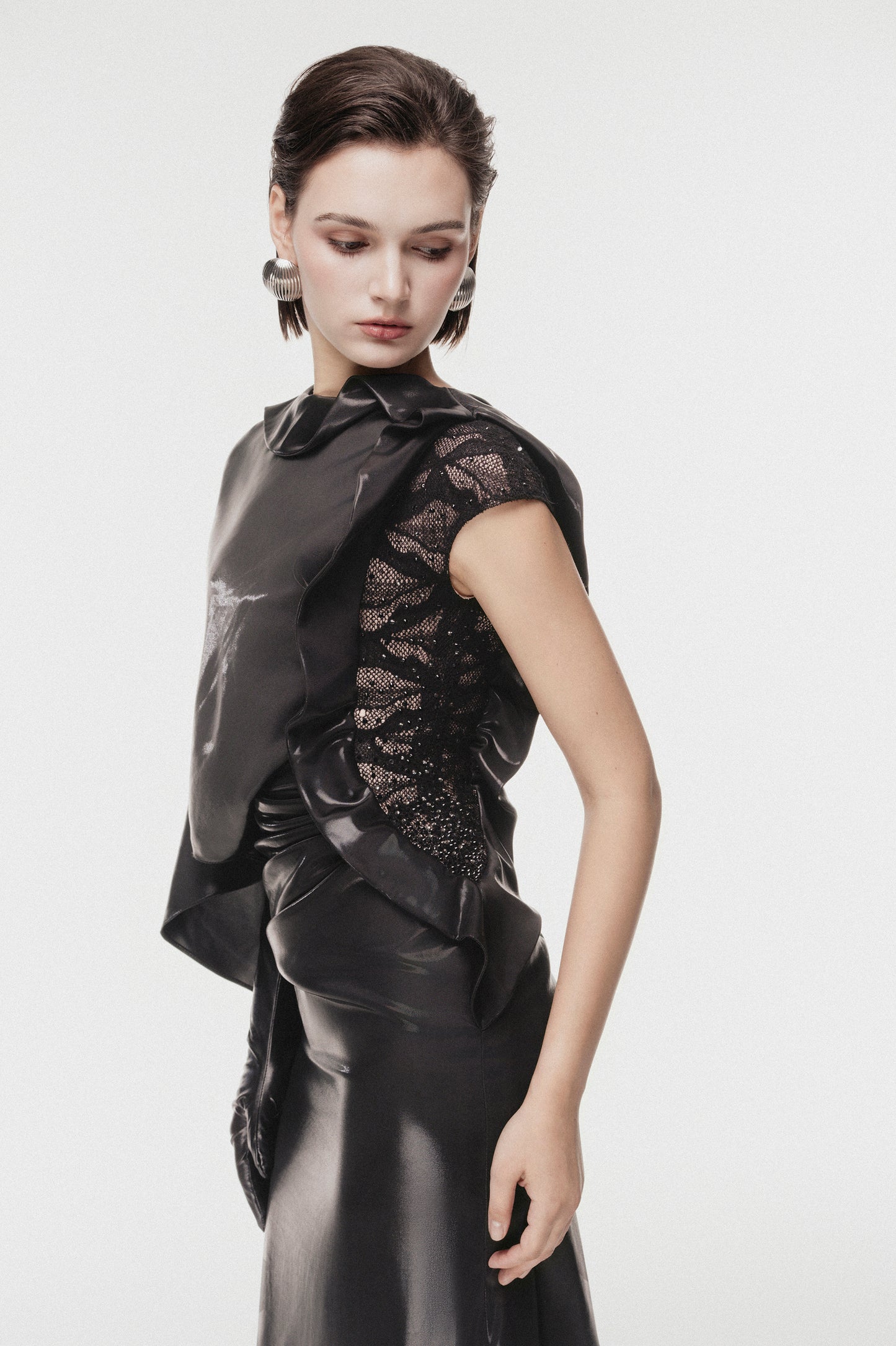 Asymmetric Cape-Sleeve Long Dress