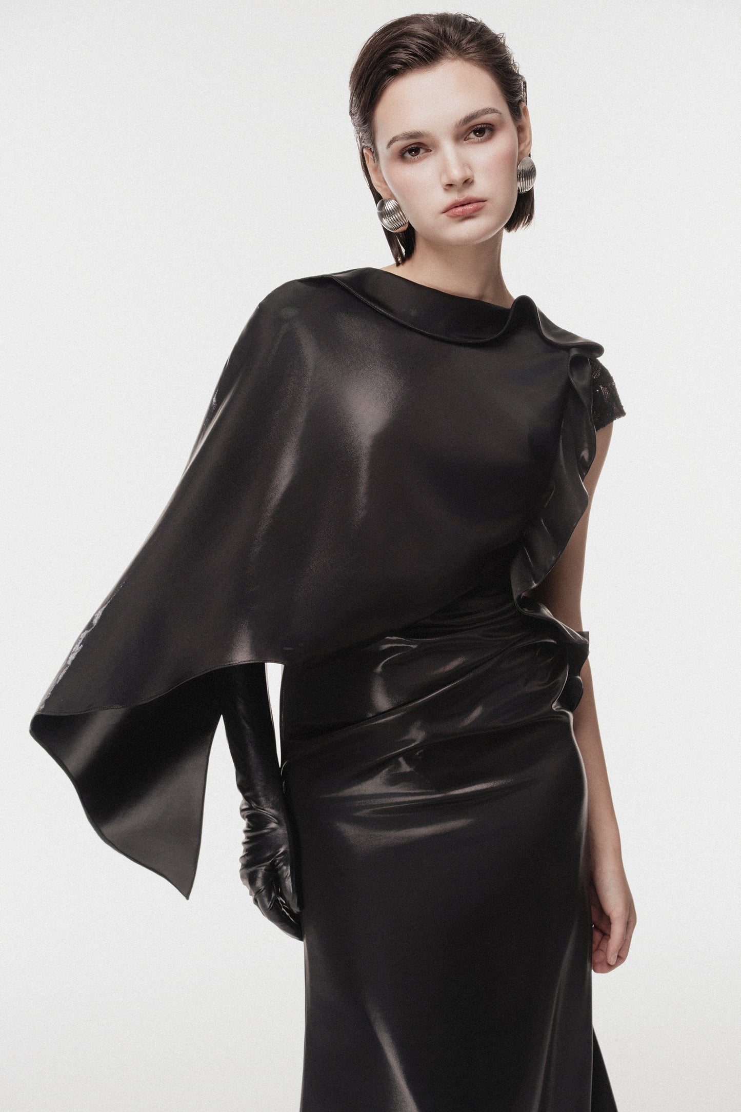 Asymmetric Cape-Sleeve Long Dress