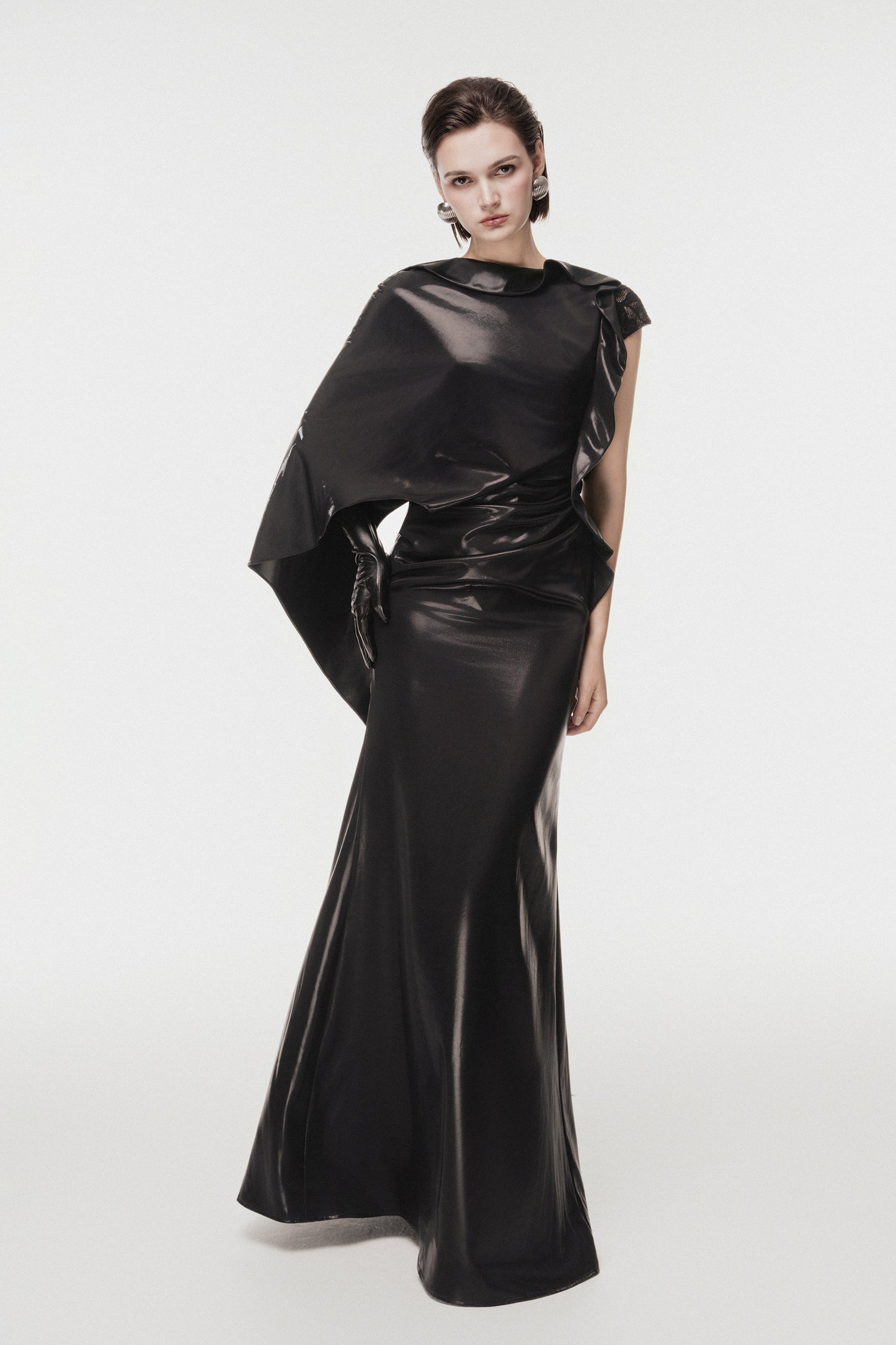 Asymmetric Cape-Sleeve Long Dress