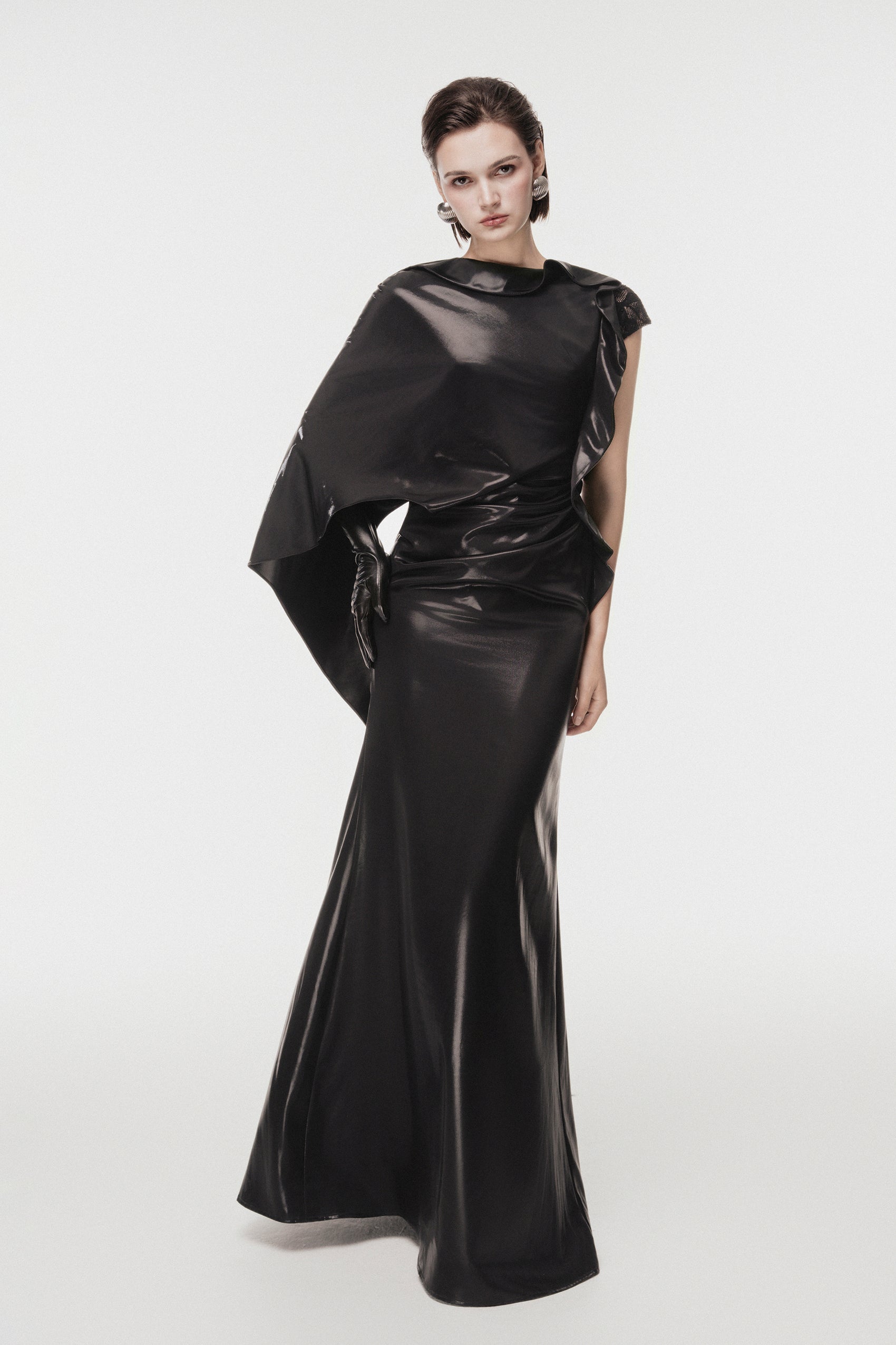 Asymmetric Cape-Sleeve Long Dress
