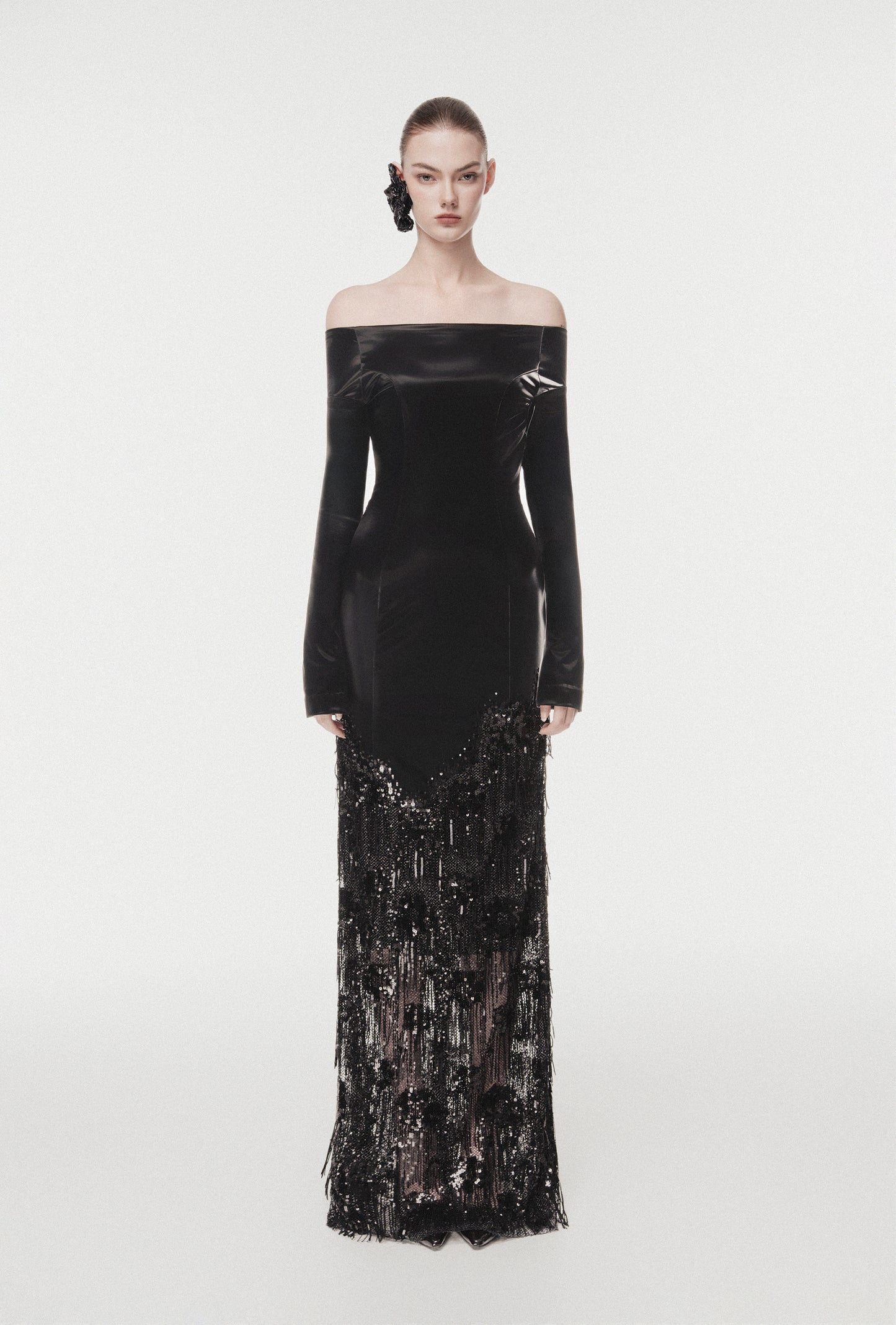 Off-Shoulder Metallic Leather Evening Dress