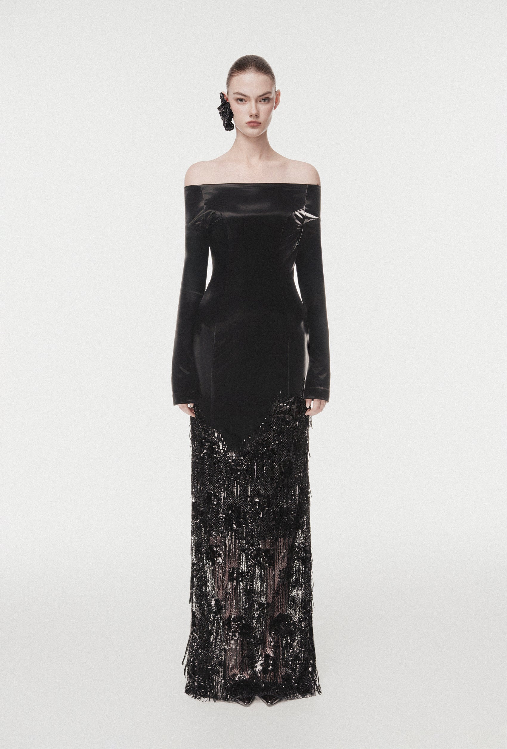 Off-Shoulder Metallic Leather Evening Dress