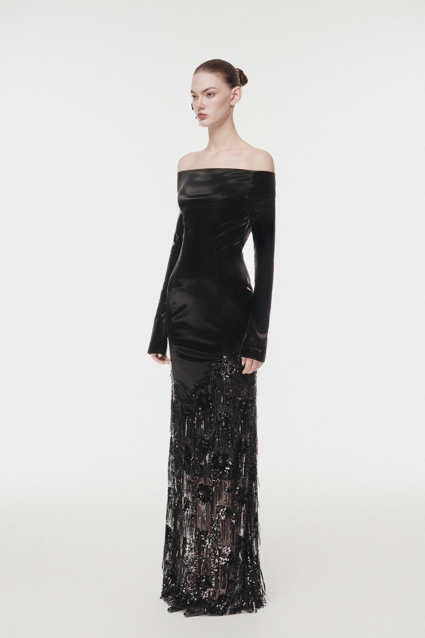 Off-Shoulder Metallic Leather Evening Dress