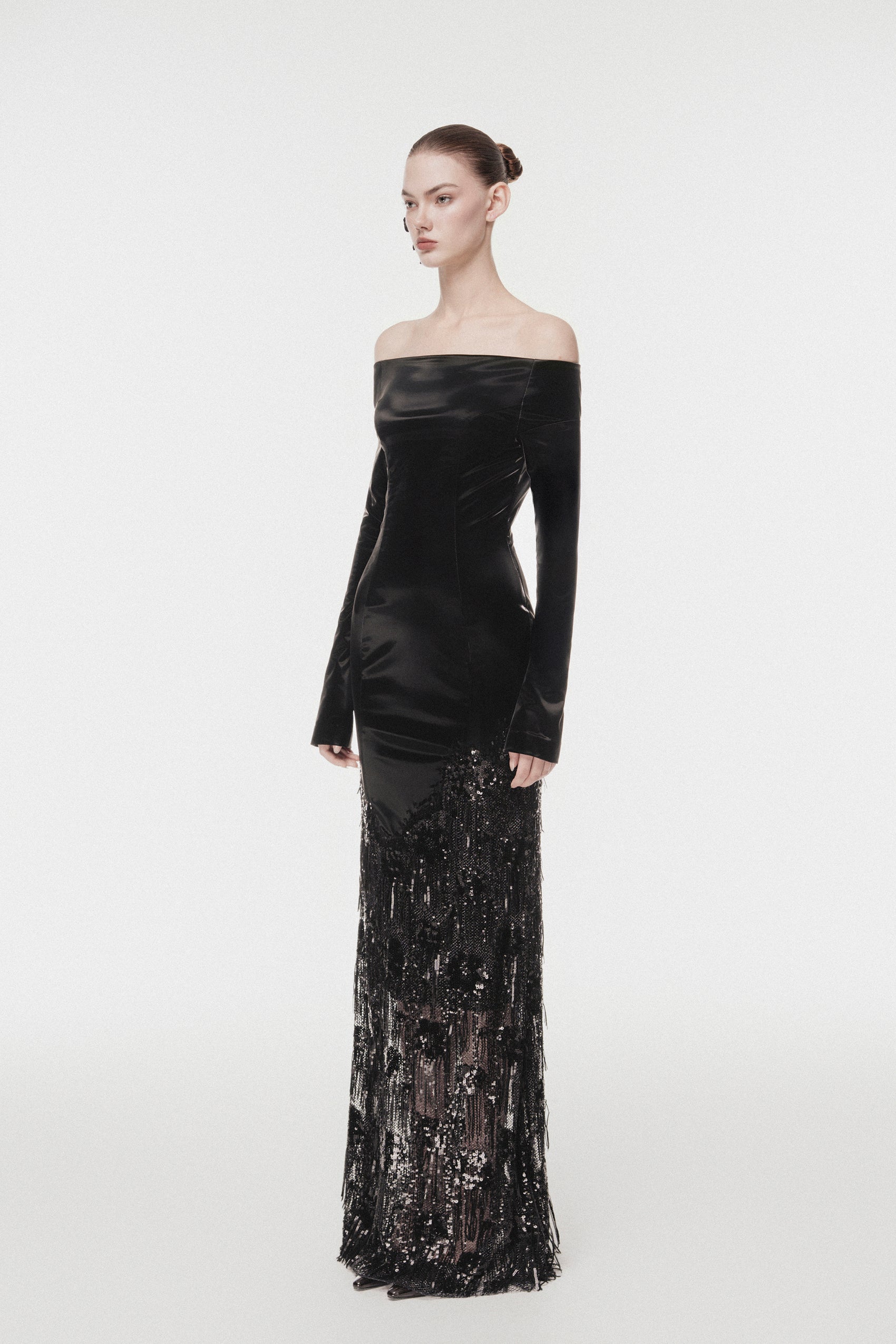 Off-Shoulder Metallic Leather Evening Dress